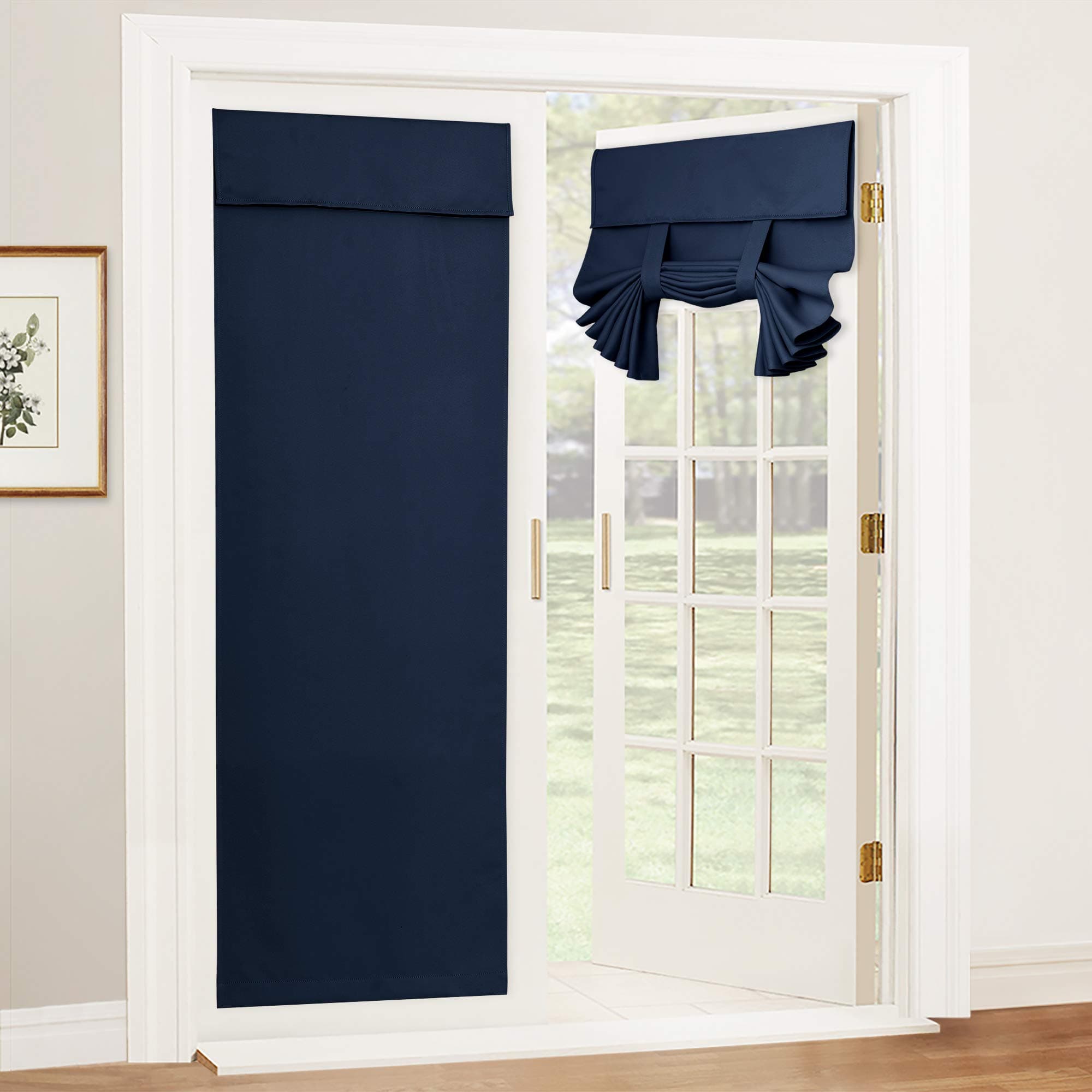 RYB HOME Blackout Tricia Window Door Curtains - Self Sticky Shades Thermal Insulated Light Block French Door Curtain Energy Efficient Double Blind, W 26 x L 69 inches, Navy, 1 Panel