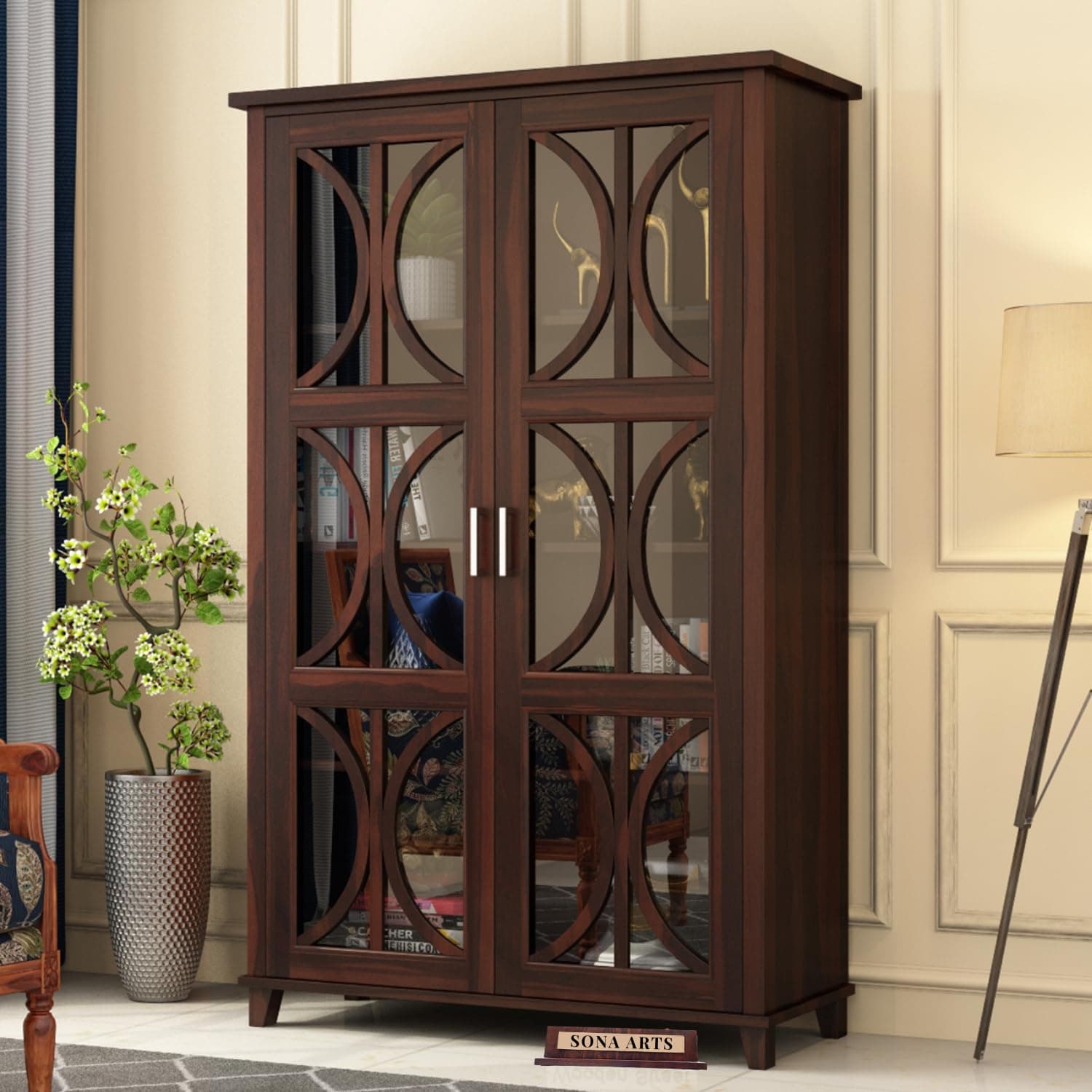 Wooden Crockery Cabinets with Glass Door | Wooden Showcase Almirah | Solid Wood Book Shelf for Home Crockery Unit for Kitchen Living Room (Walnut Finish)