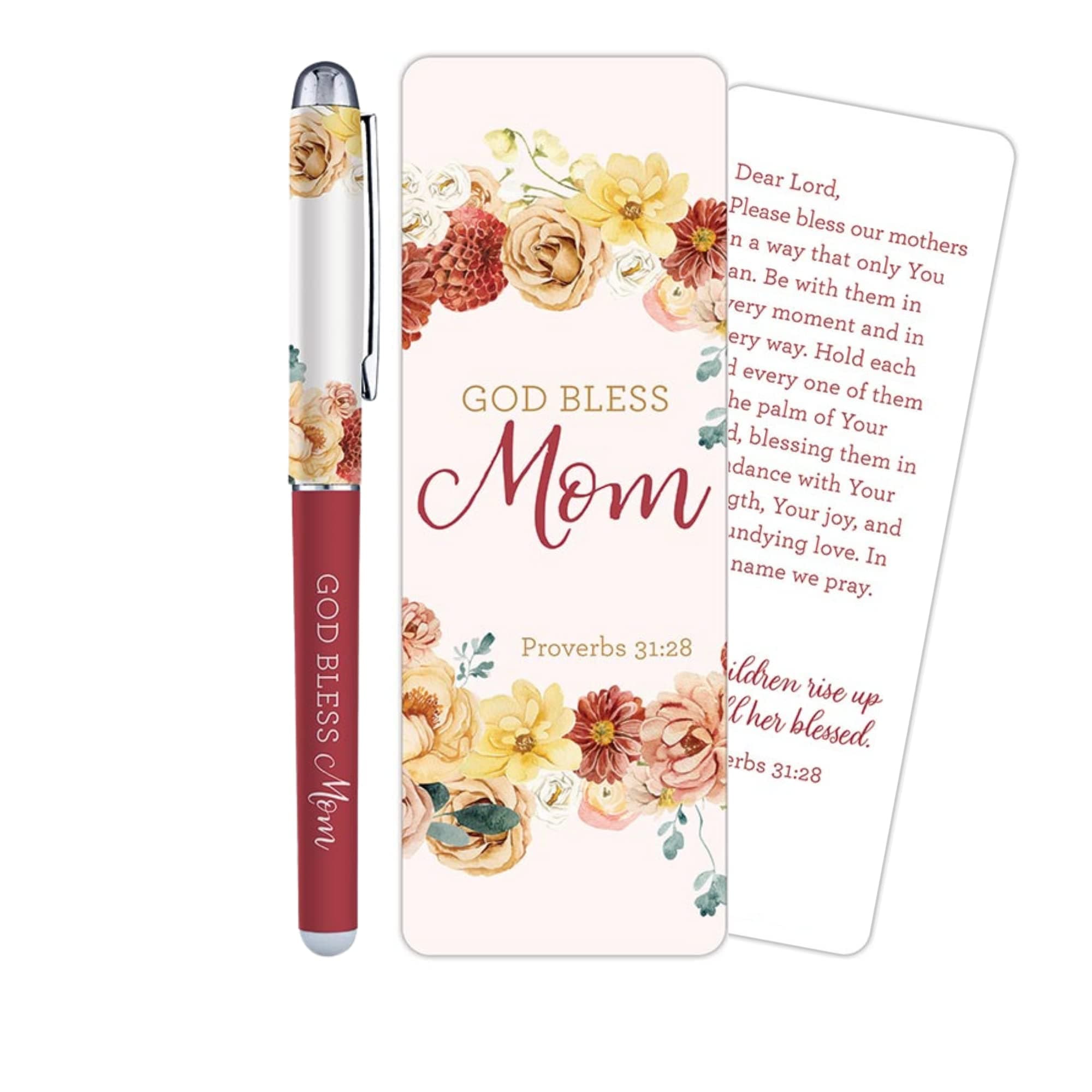 NeedzoMothers Day Pen and Bookmark Gift Set, God Bless Mom Inspirational Cardstock Prayer Card Page Tracker and Journaling Accessories, Catholic Keepsake for Women, 5.5 inches