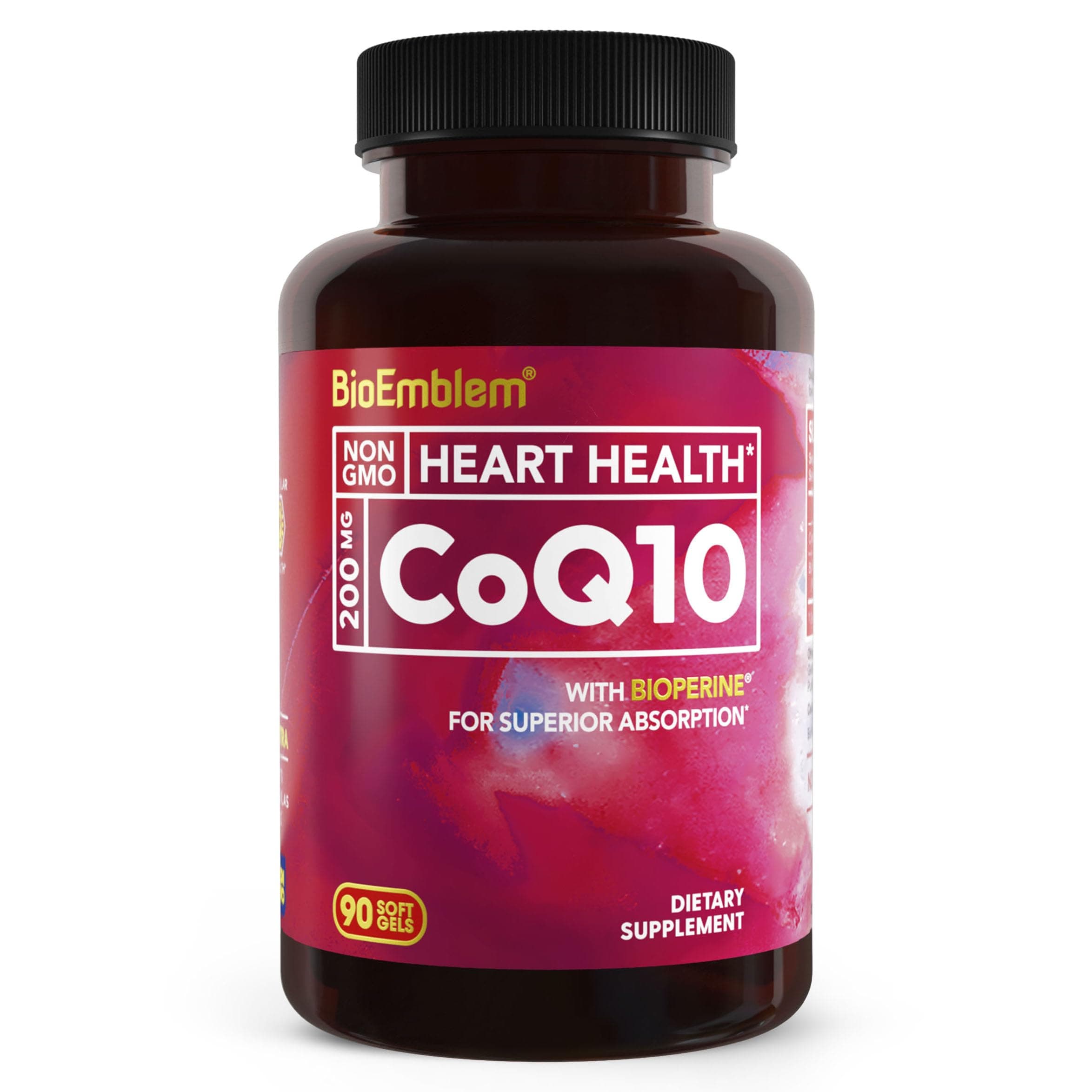 - BioEmblem CoQ10 with BioPerine - 200mg Softgels, High Absorption - Coenzyme Q10 Antioxidant for Energy Production, Heart Health - Natural Form, Non-GMO CoQ10 Supplement - 90 Count
