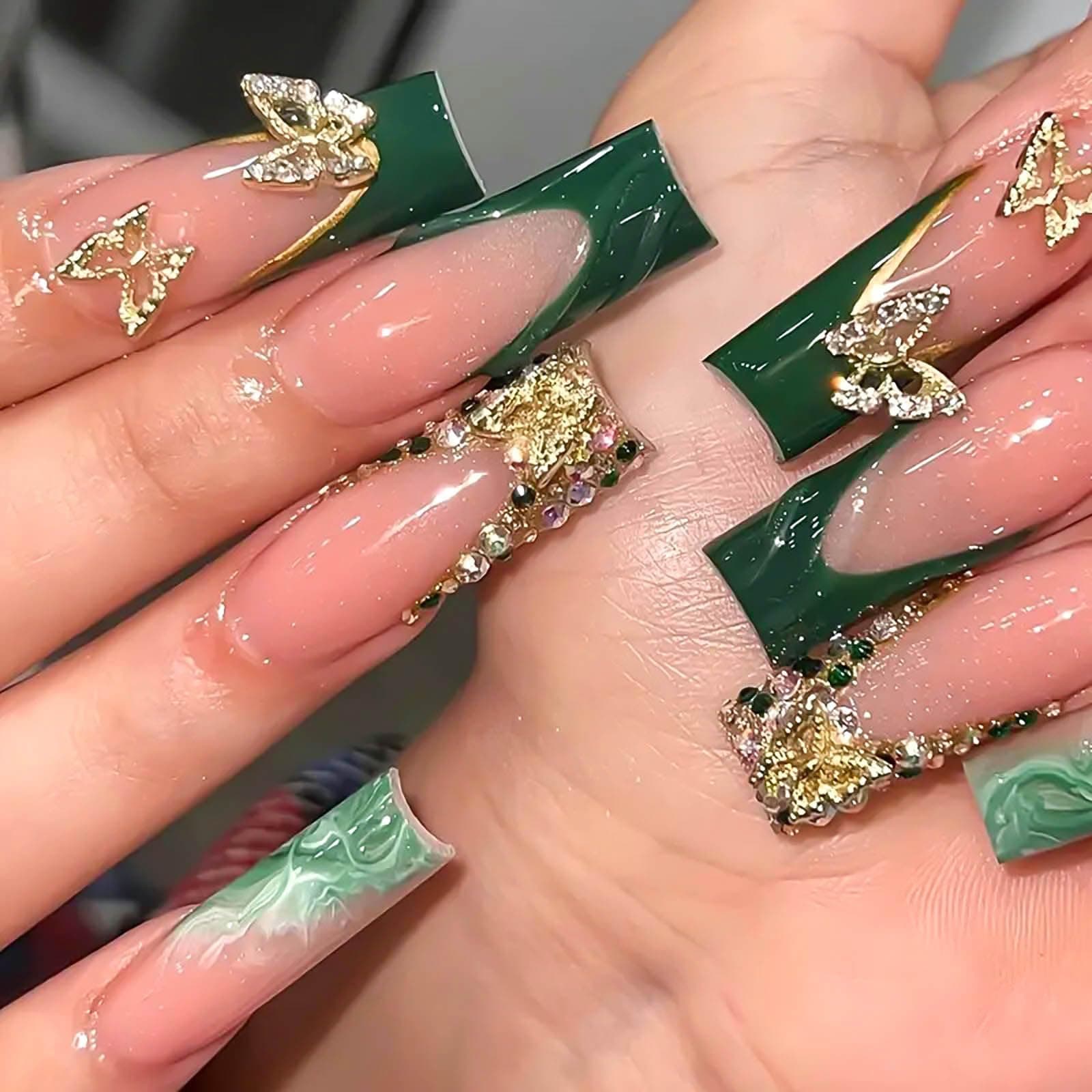 Long Square Press on Nails Green French Tip Fake Nails Gold Glitter False Nails with Gold 3D Butterfly Designs Long Square Glue on Nails Sparkly Artificial Nails Cute Stick on Nails for Women