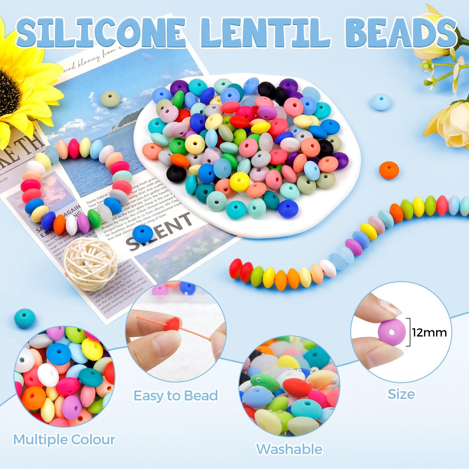 180PCS FIVEIZERO Silicone Lentil Beads,12mm 30 Colors Silicone Abacus Bead Bulk Loose Spacer Jewelry Bead Colorful DIY Lanyard Beads for Making Necklace Keychain Accessories