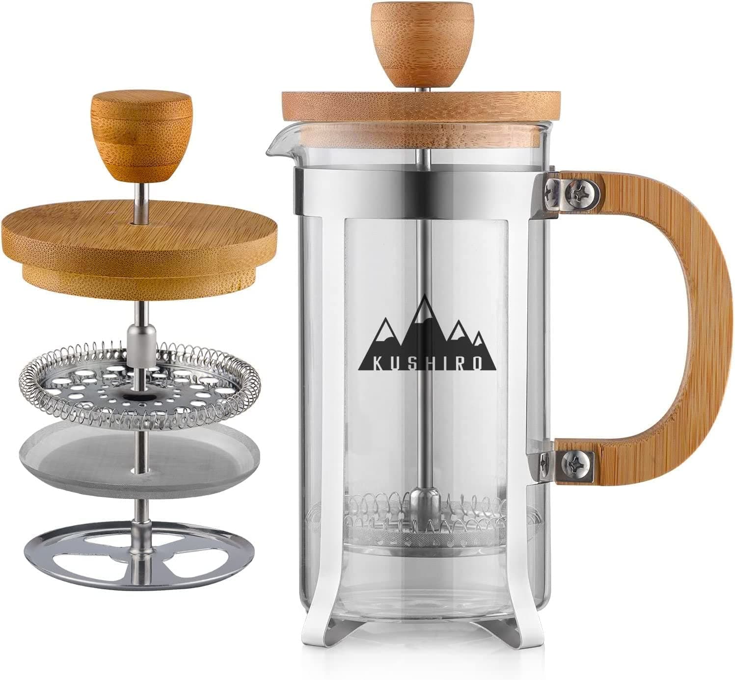 Wooden Cafetiere French Press Coffee Maker, Bamboo Coffee Plunger, Small Tea Press, 350ml/12oz 1-2 Cup, Silver, Glass and Bamboo (Silver)