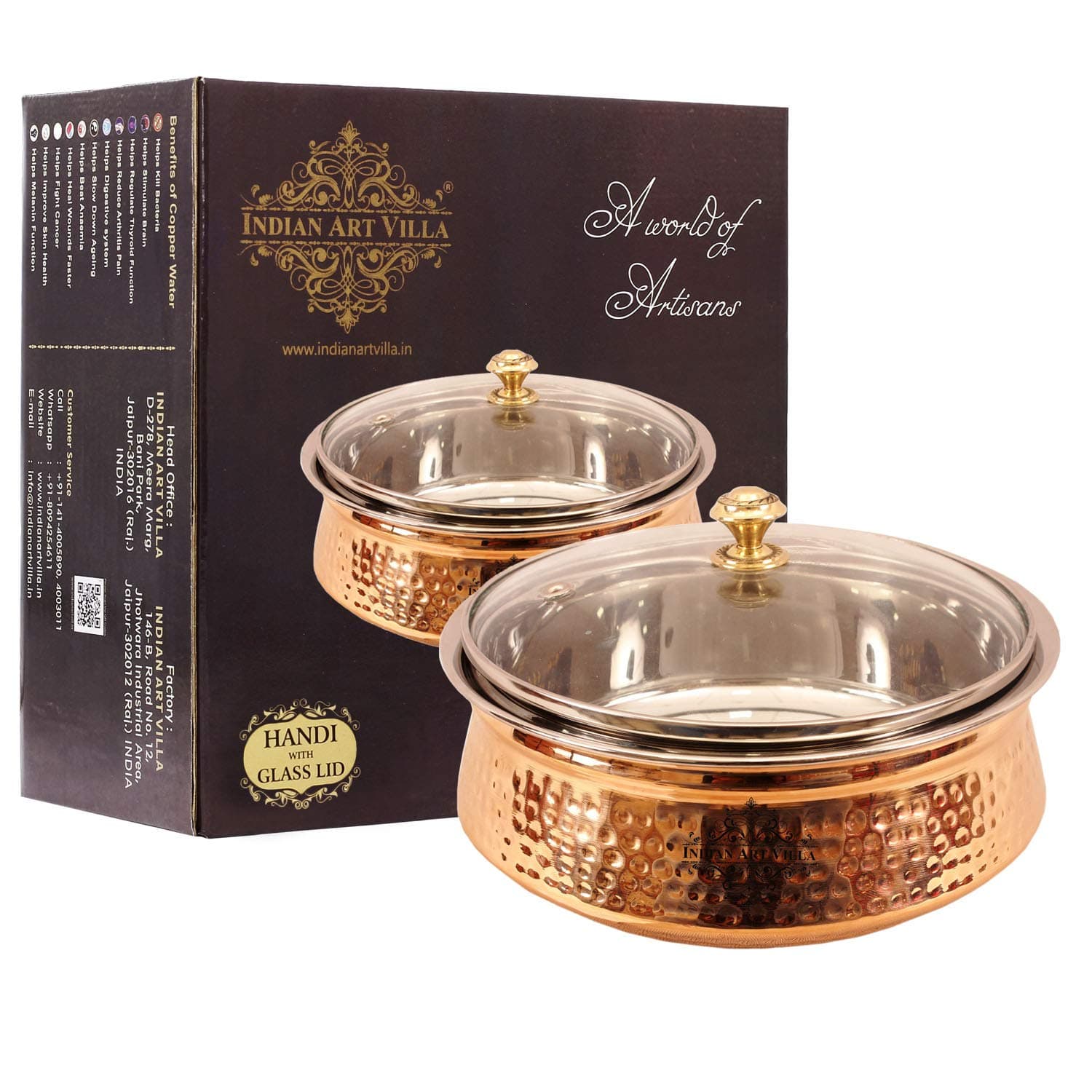 Indian Art Villa Hammered Steel Copper Casserole Donga Bowl with Glass Lid, Tableware & Serveware, 1400 ML