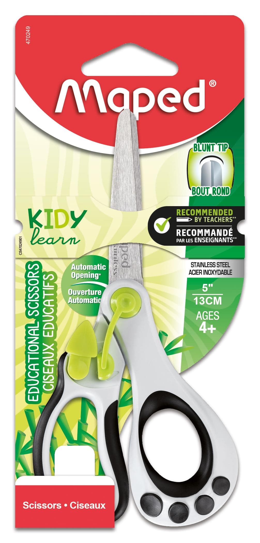 Maped Helix USA Koopy Spring-Assisted Educational Scissors, Kids, 12.7 cm, Blunt Tip, Right Handed Use (470249US), Black/White