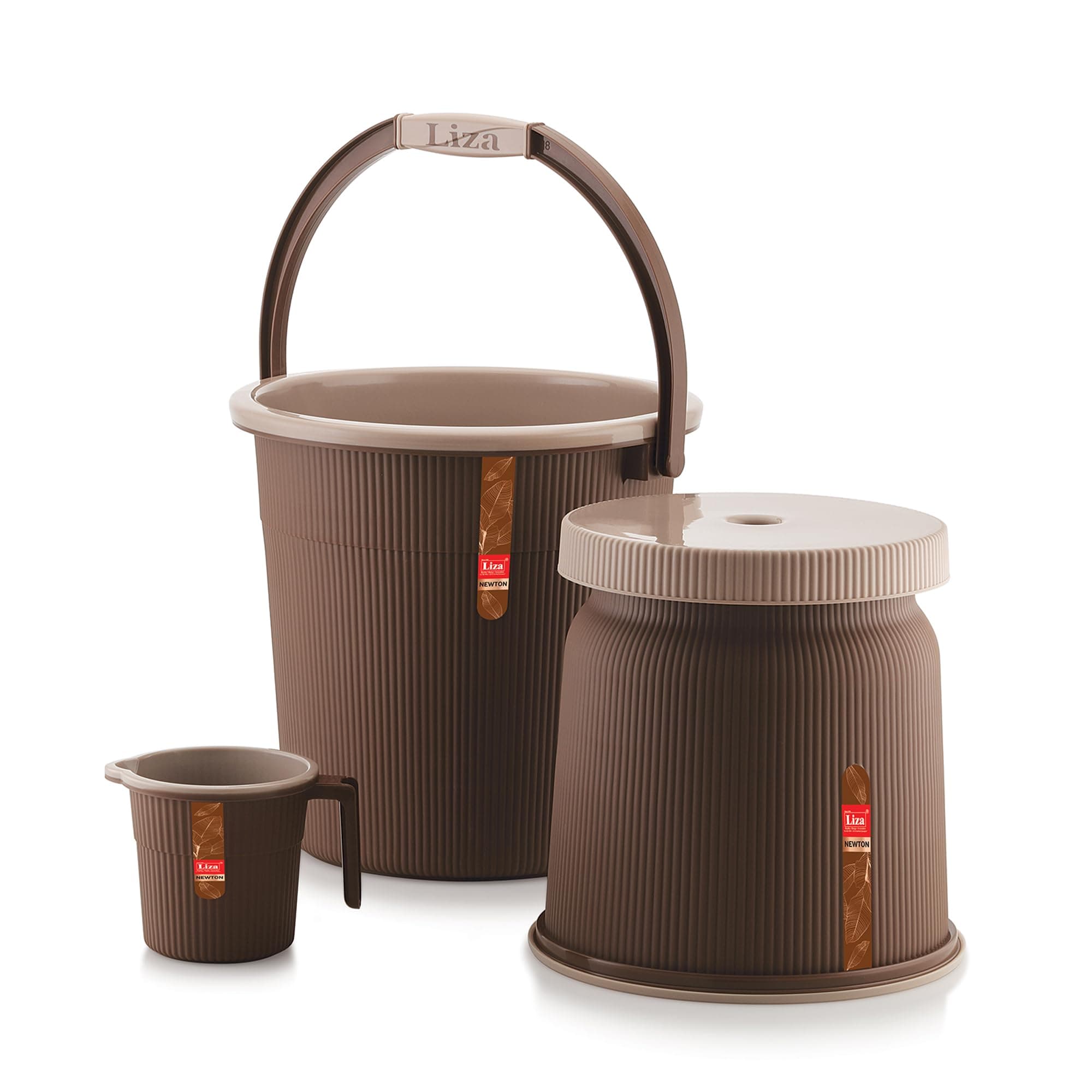 LD LUCIDO DECORE Modern Heavy Plastic Bathroom Set of 3-20L Bucket, 1L Mug & Stool Combo, Dark Brown