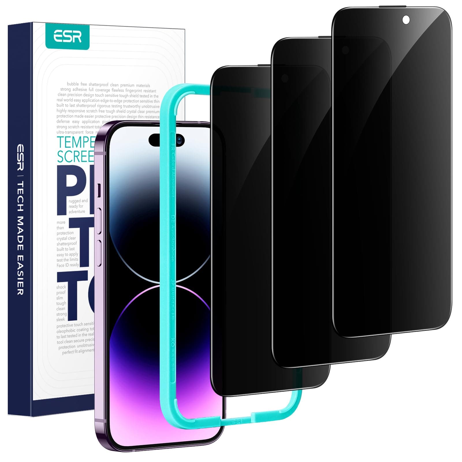 ESR iPhone 14 Proプライバシースクリーンプロテクター、スパイ防止強化ガラスプライバシースクリーンプロテクター、マイクロカーブエッジ、ケースフレンドリー 3枚パック