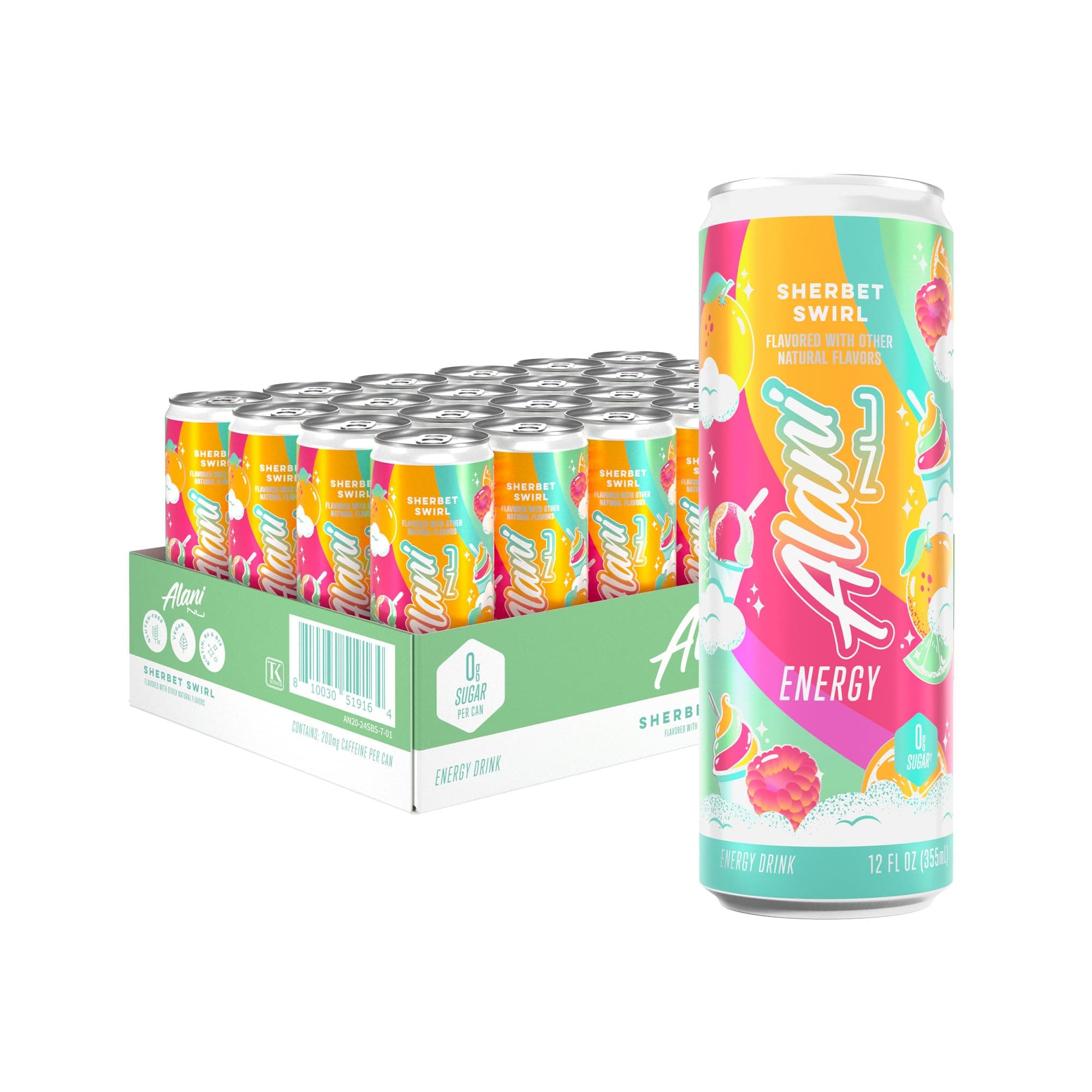 SHERBET SWIRL Sugar Free, Low Calorie Energy Drinks, 200mg Caffeine, Biotin B Vitamins, Zero Sugar, 10 Calories, 12 Fl Oz Cans, 24 Pack