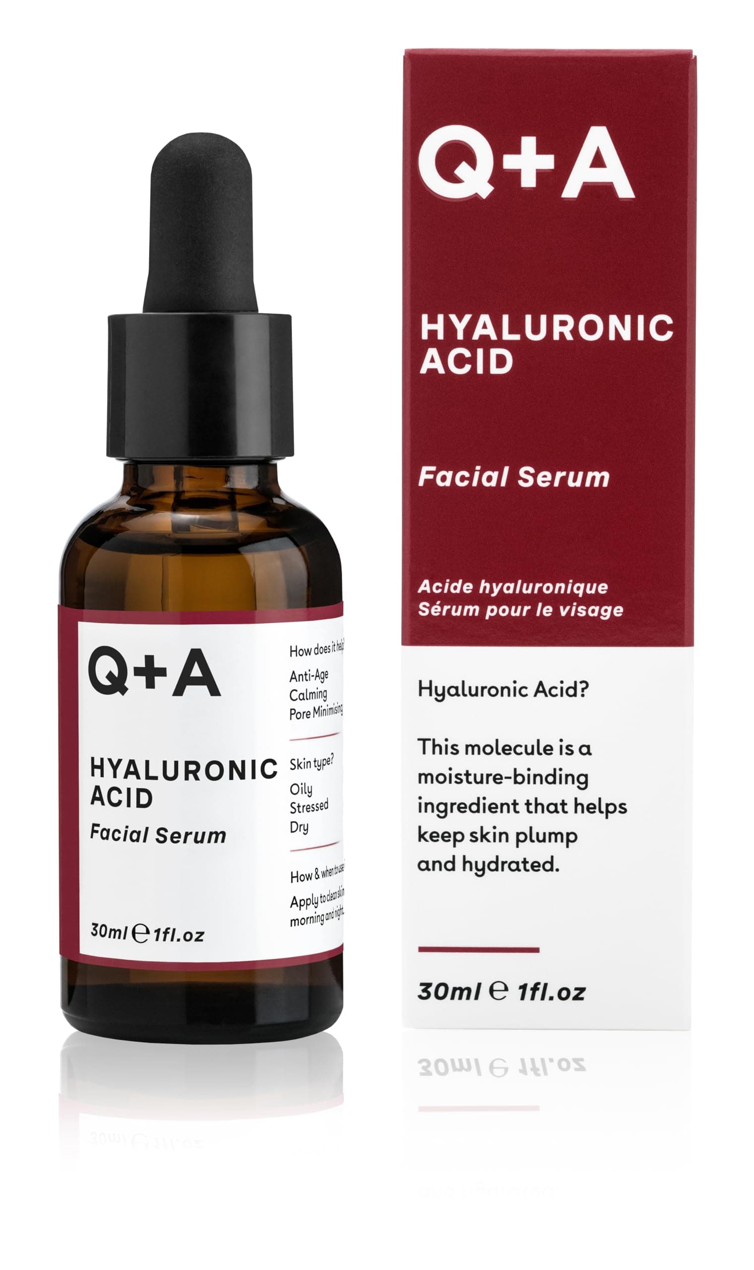 Q+A Hyaluronic Acid Facial Serum. A super hydrating Hyaluronic Acid serum for healthy and plump skin. 30ml/1fl.oz