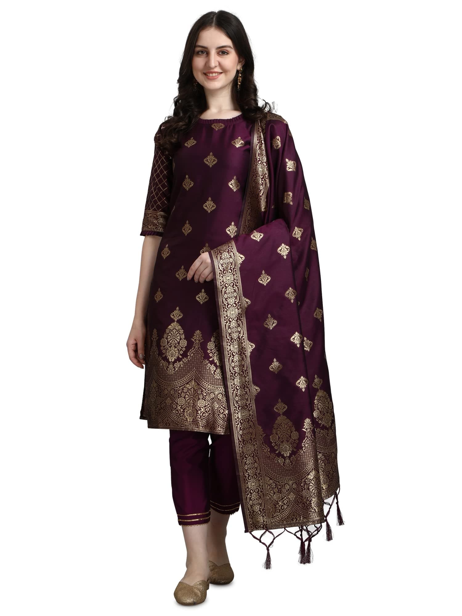 VredeVogel Women's Cotton Silk Jacquard Kurta Pant with Dupatta Set