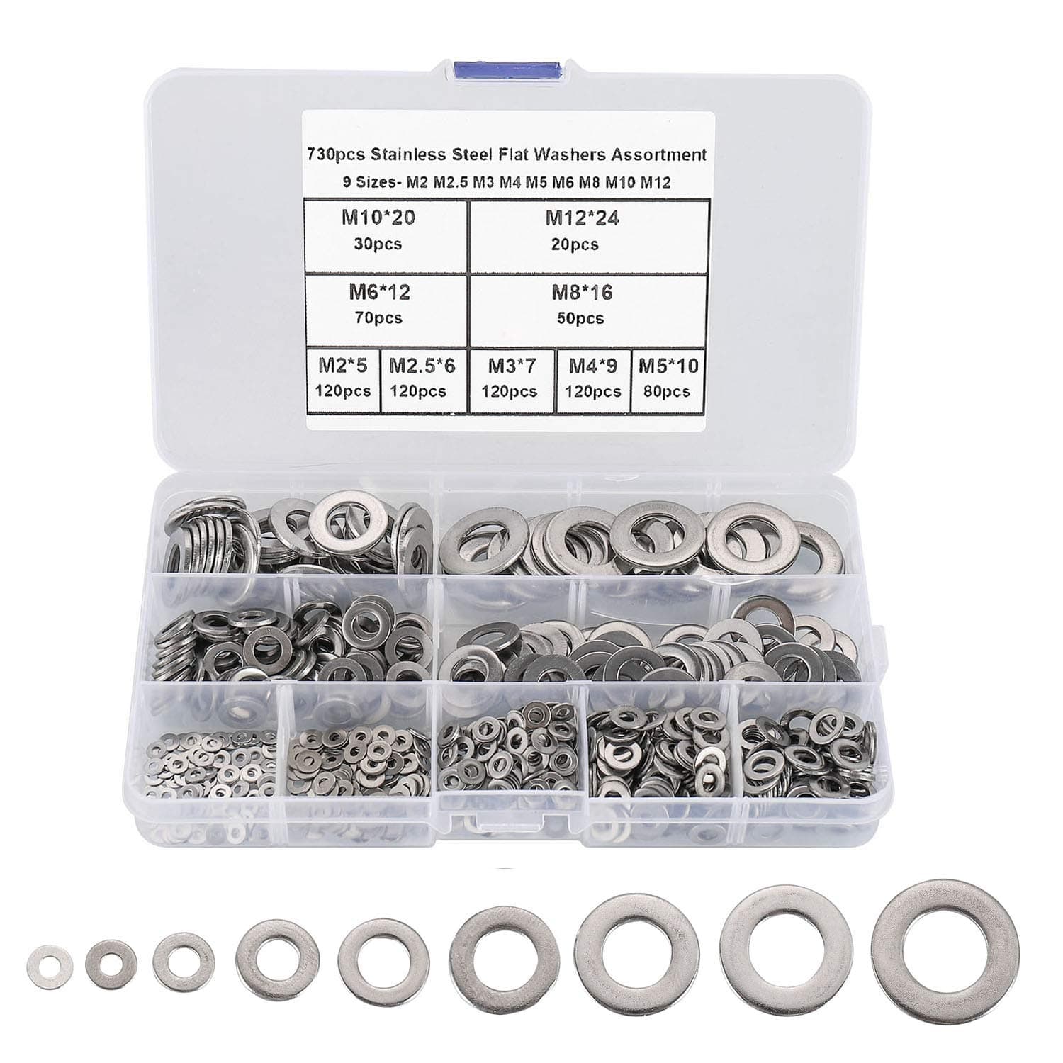 FandWay 730PCS 304 Stainless Steel Flat Washer,Flat and Lock Washer 9 Kinds M2 M2.5 M3 M4 M5 M6 M8 M10 M12 are Perfect for Home, Automotive & Shop Use.