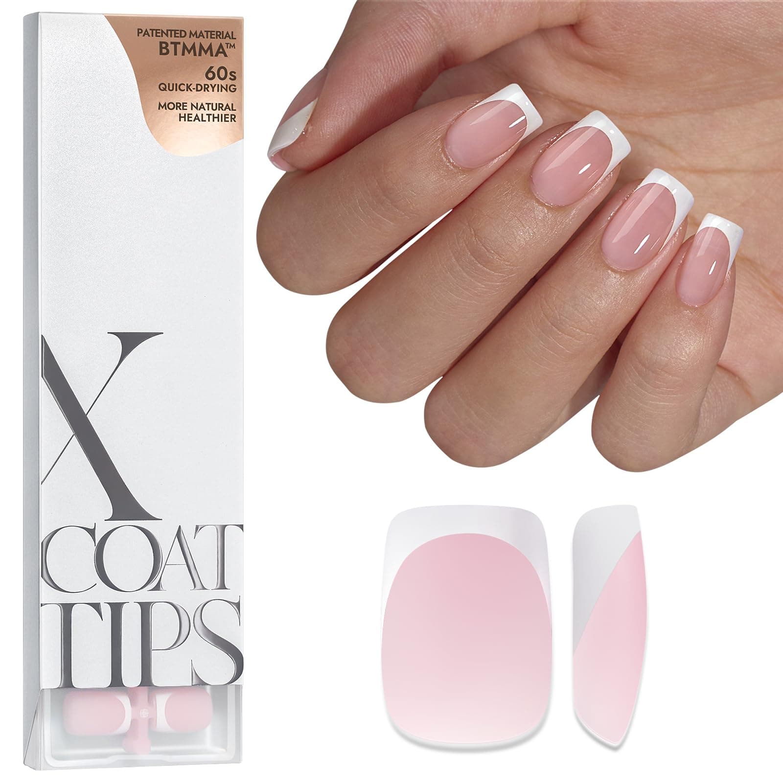 XCOATTIPS French Tip Nails - Short Press On Nails, 160 Pcs Pink Square Soft Gel Nail Tips Pre-applied Tip Primer & Base Coat, No Need File False Nails for Gift, 16 Sizes