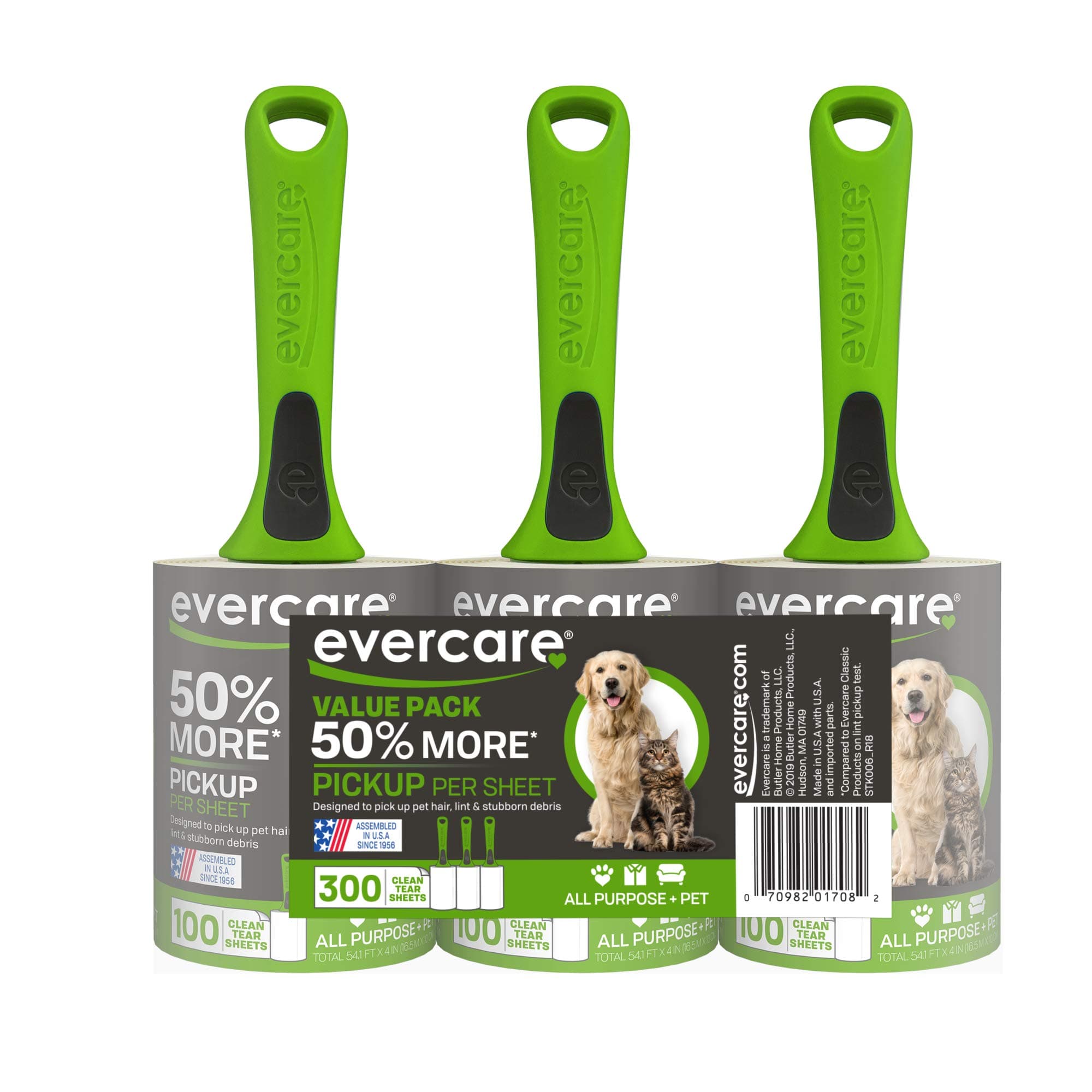 Evercare Pet Hair Lint Rollers All Purpose Use 100 Easy-Tear Sheets Per Roll Reusable Sticky Roller Pets Cat & Dog Hair Remover Contoured Handle For Furniture Clothing & Cars, Set of 3, Green