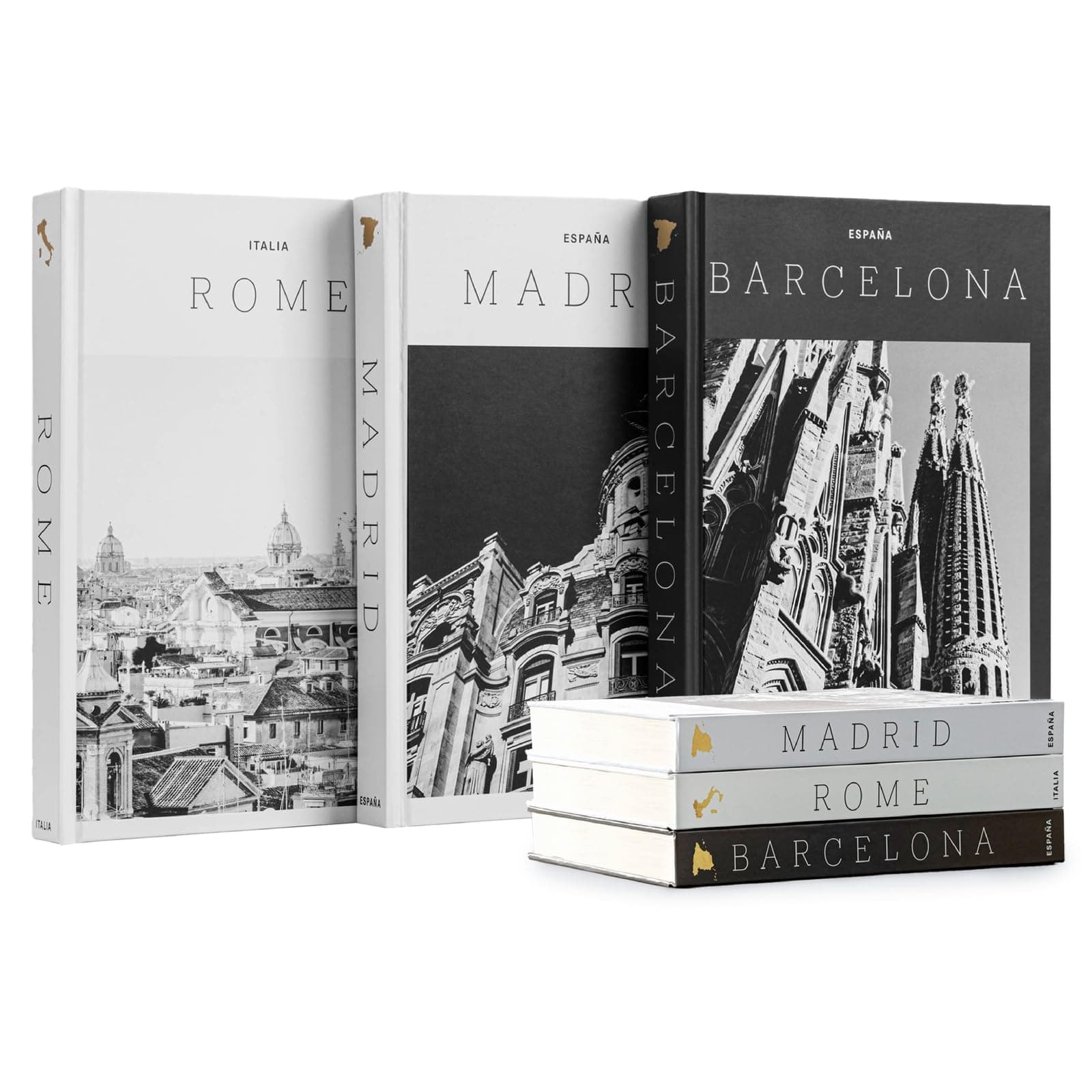 Set of 3 XL Decorative Blank Hardcover Books for Decoration - Great for Tabletops, Coffee Tables, & Bookshelves - City Theme Minimalist Home Decor - Madrid, Rome, Barcelona