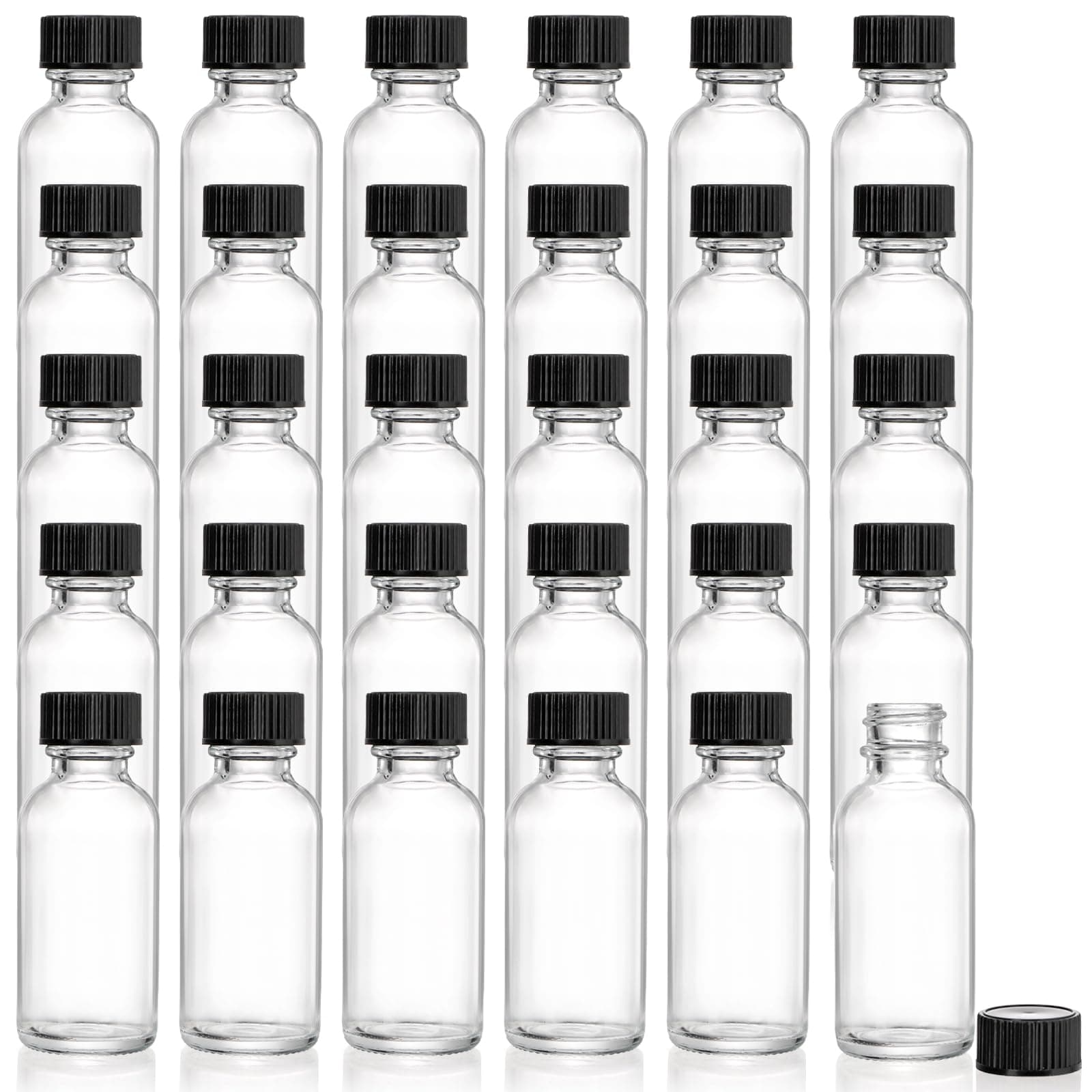 Bekith 30 Pack Boston Round Glass Bottle with Black Cap, 1 oz (30ml) Clear Glass Bottles Small Travel Bottle