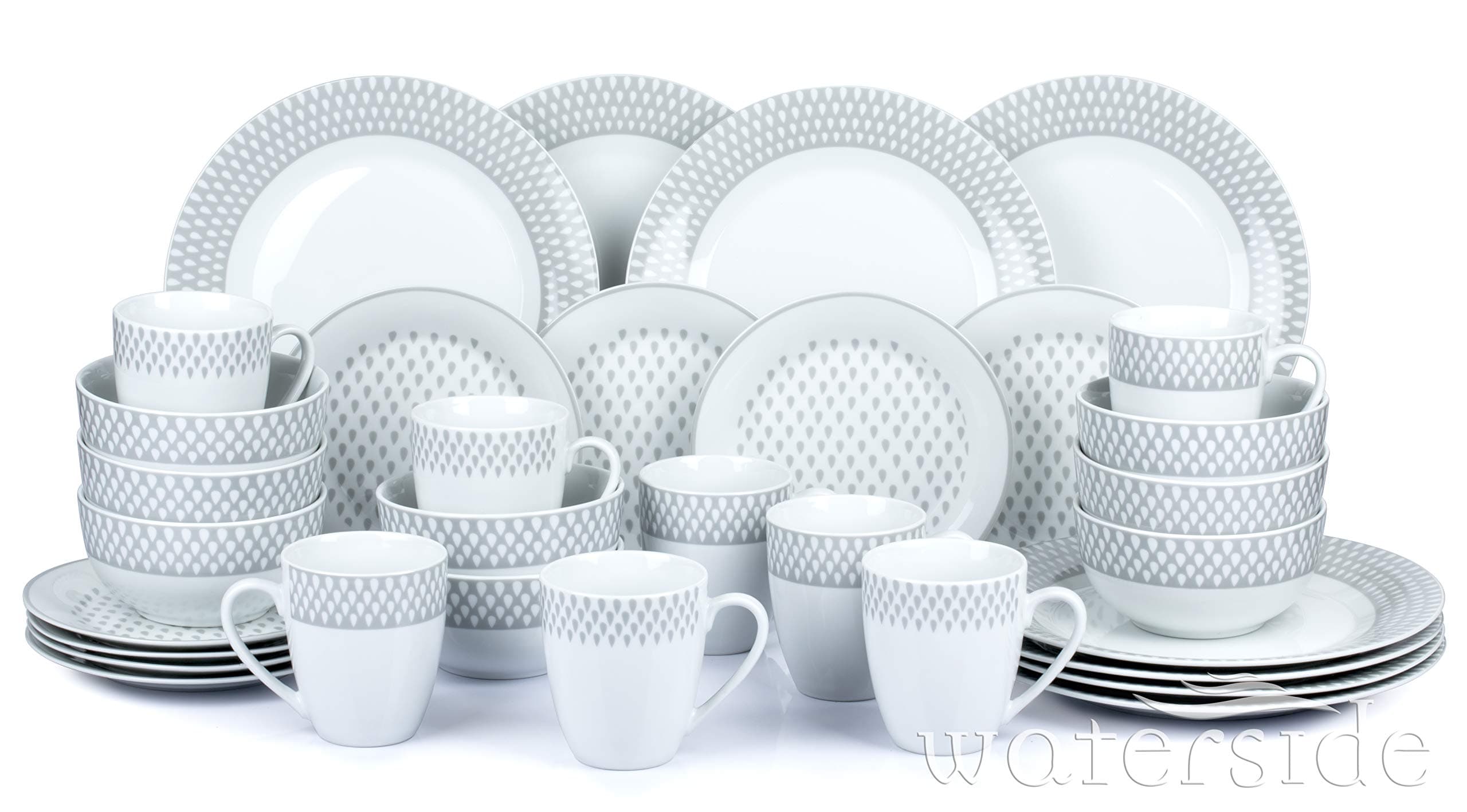 Waterside Fine China 32 Piece Grey & White Raindrop Dinner Set