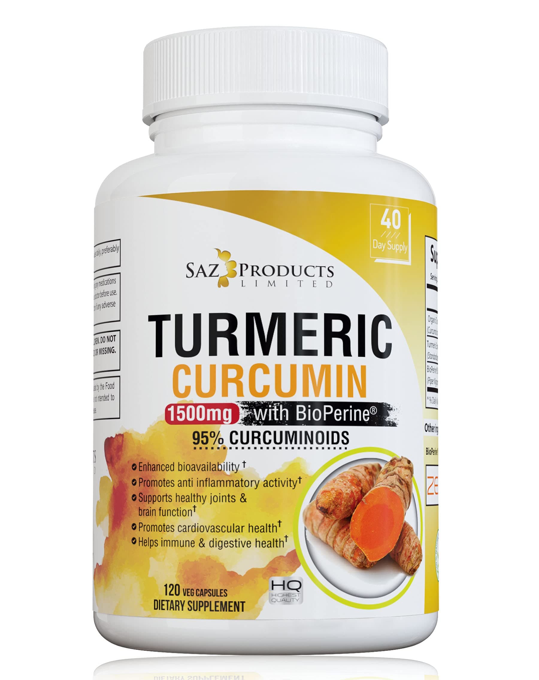 Organic Turmeric Curcumin with BioPerine 1500mg - Potent Anti-Inflammatory - Contains 95% Curcuminoids and Black Pepper Extract for Fast Absorption - 120 Turmeric Capsules