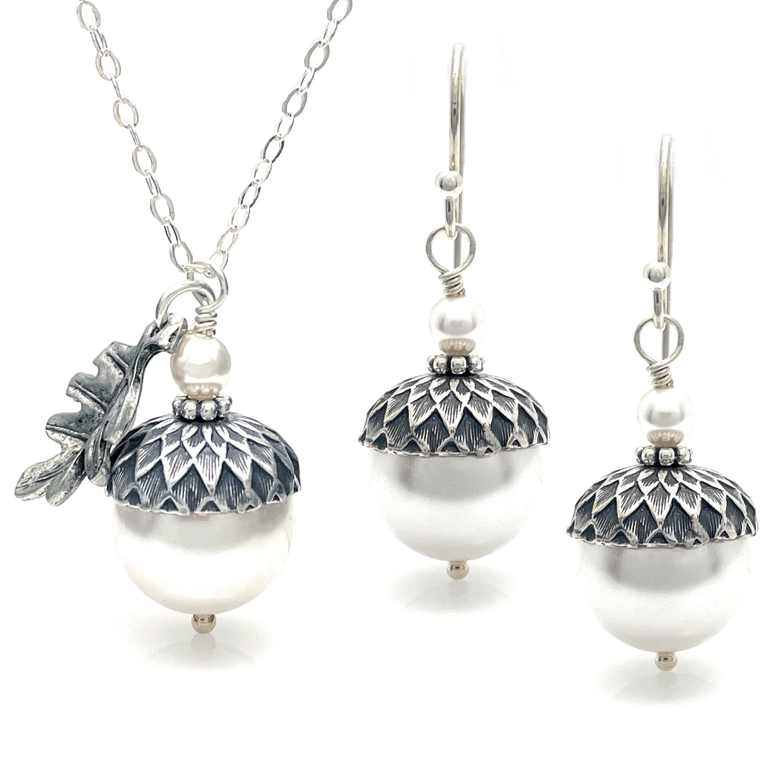 Dashe Designs Acorn Necklace & Earrings Set with Oak Leaf and White Crystal Core Simulated Pearls, Sterling Silver Chain