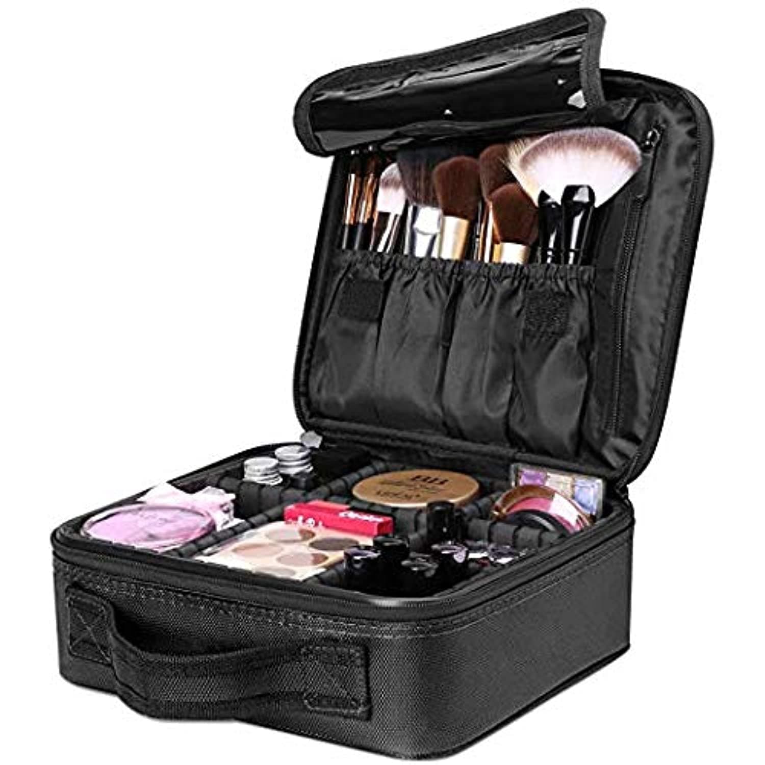 Travel Makeup Case, Cosmetic Organizer Bag Makeup Train Case With Compartment Makeup Bursh Set Storage Bag (Black)