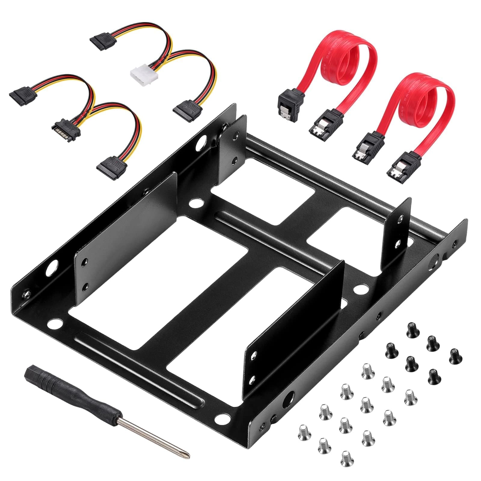 SSD Metal Mounting Bracket Kit, 2.5 to 3.5 Hard Drive Adapter, Compatible with Any 2.5 to 3.5 Drive Bay, with SATA Data Transfer Cable and SATA Power Cable