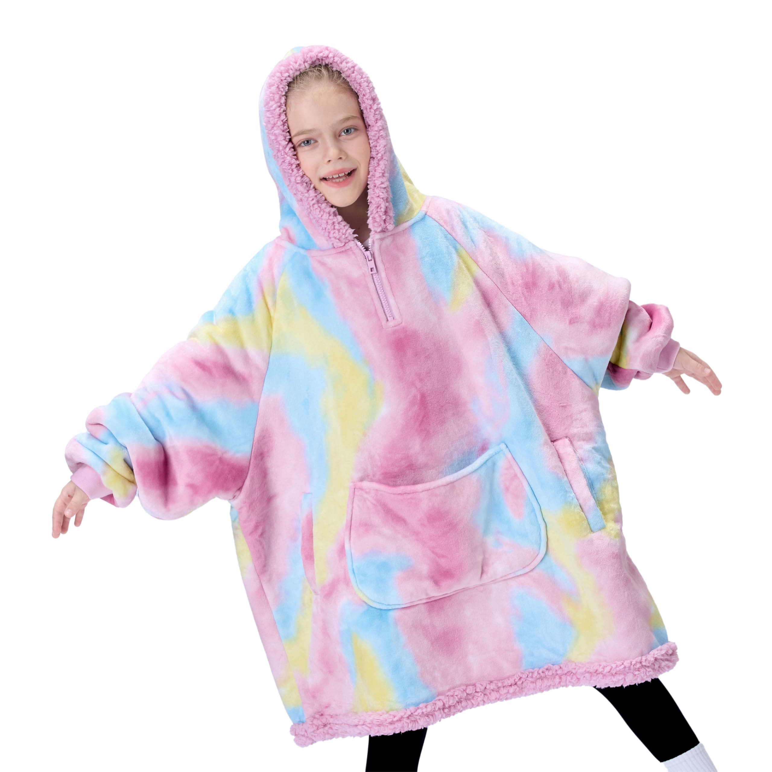 Wearable Blanket Hoodie for Girls and Boys Warm Cozy Sherpa Fleece Hooded Blanket Sweatshirt Oversized Hoodie with Giant Pocket & Sleeves for Kids Cotton Candy Tie Dye