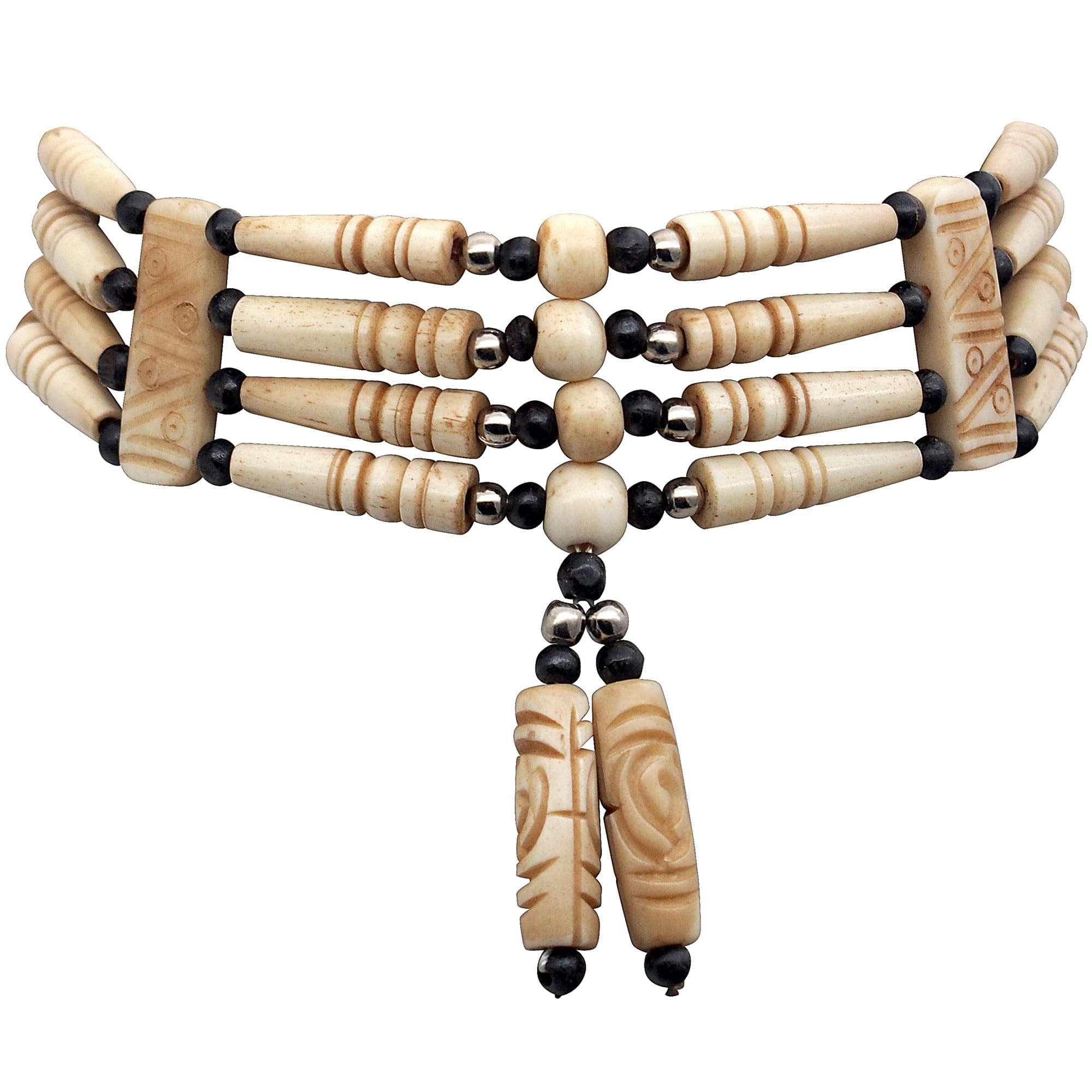 American Indian Style Bone Choker Necklace, 4 Row Tan Traditional Hairpipe Beads, Unisex Adjustable
