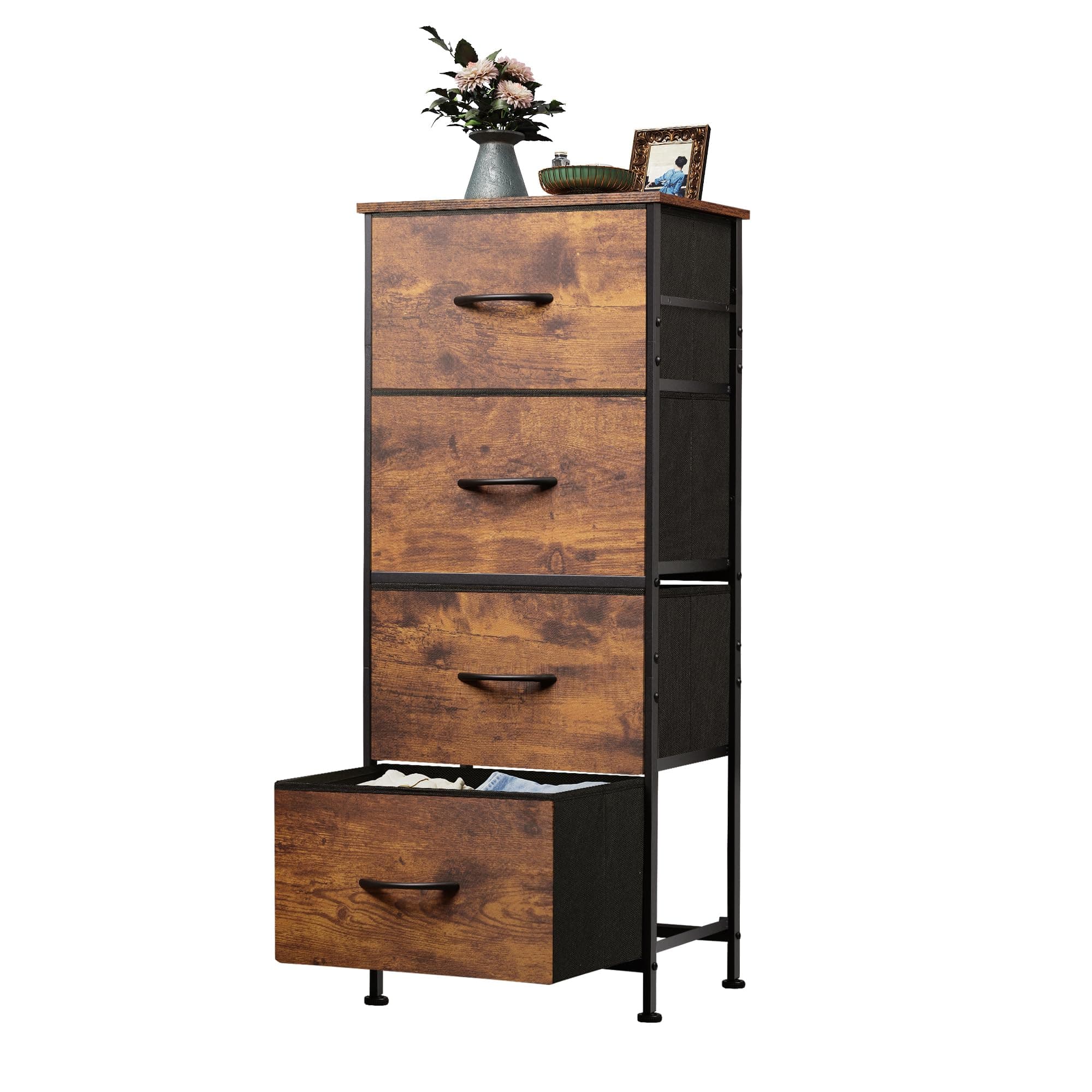 WLIVE Dresser with 4 Drawers, Fabric Storage Tower, Organizer Unit for Bedroom, Hallway, Entryway, Closets, Sturdy Steel Frame, Wood Top, Easy Pull Handle, Rustic Brown Wood Grain Print