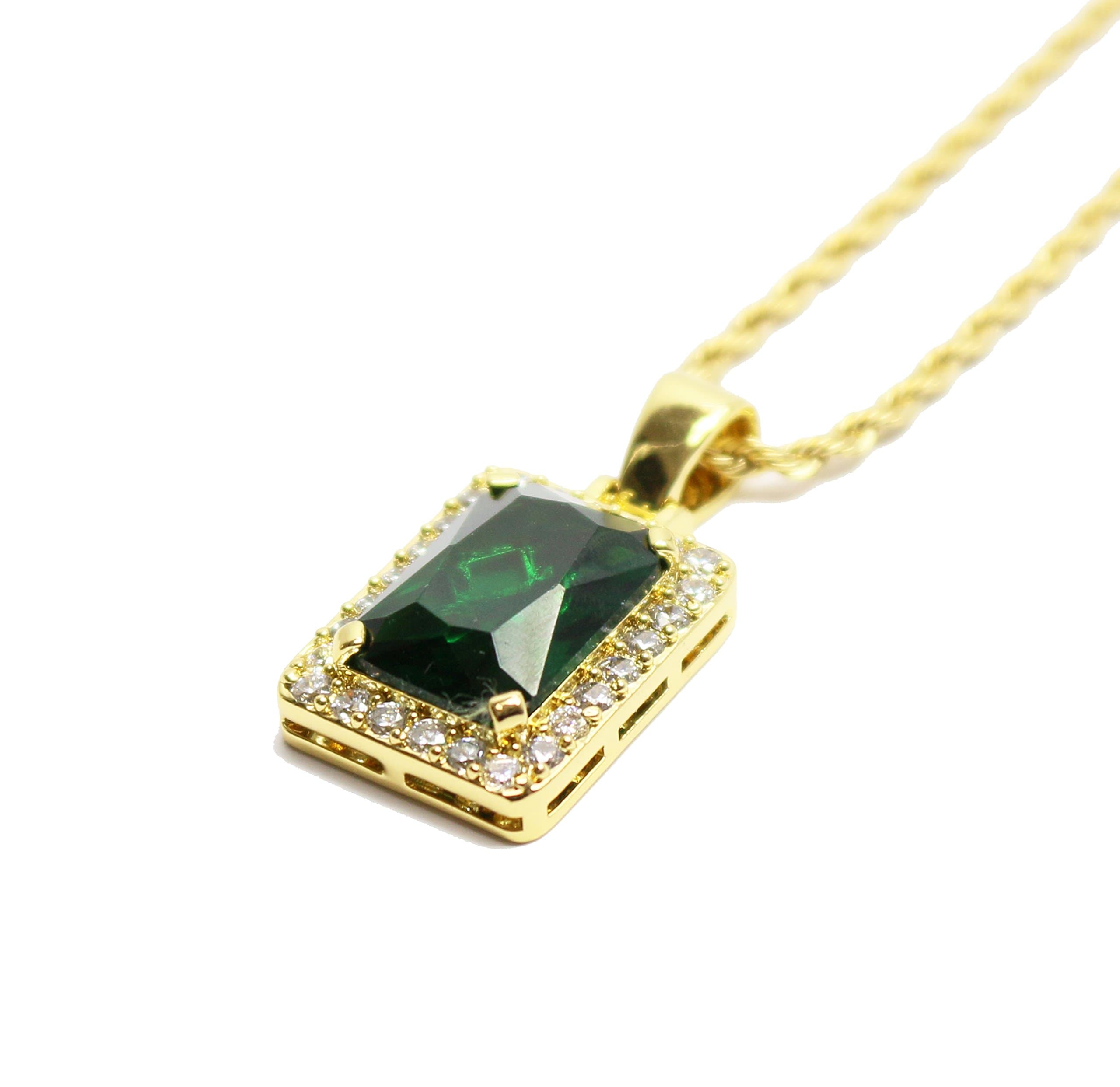 Mini Square Emerald Green Pendant Piece and Chain Necklace