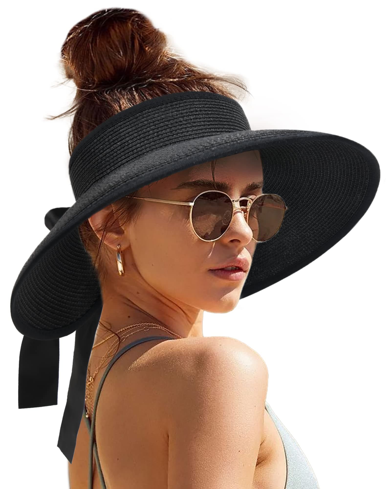 Sun Visors for Women Wide Brim Beach Hat Foldable Straw Visor Hat Ponytail Summer Packable UPF 50+