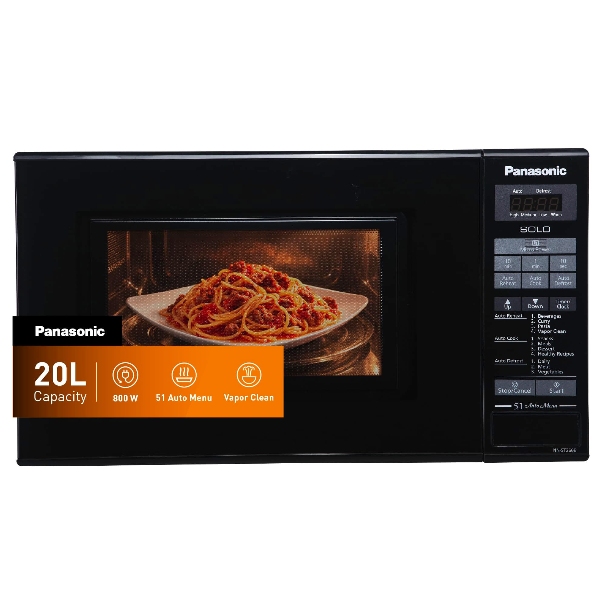Panasonic 20L Solo Microwave oven, NN-ST266B - 800W, Easy touch control, Auto Reheat, 51 Auto Menu, Auto Defrost, Child Safety lock - Black