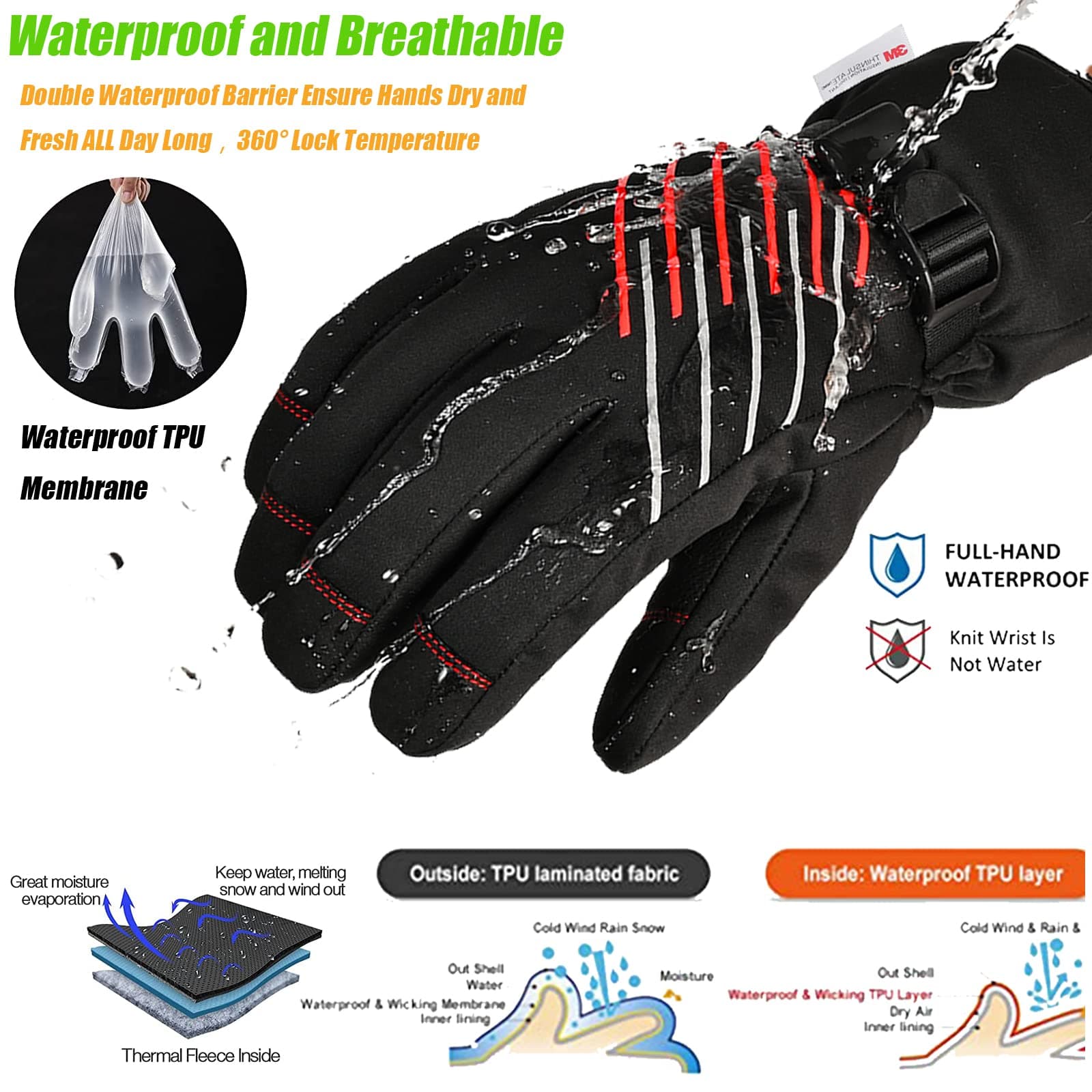 MOREOK -10°F Winter Warm Gloves-3M Thinsulate Waterproof Touch Screen Insulated Gloves Bike Gloves Cycling Gloves [Reflective Tape] [Waterproof TPU Membrance] RED-M