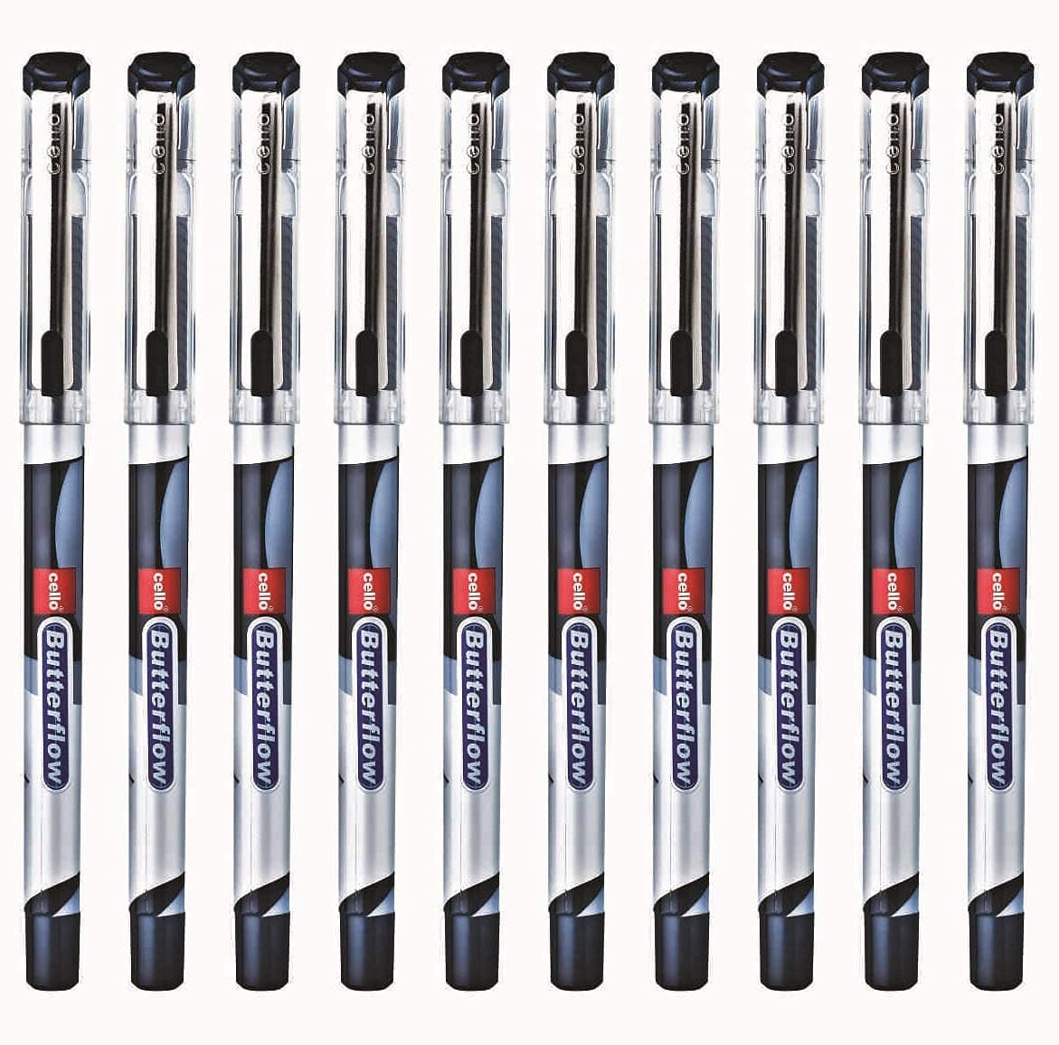 Cello Butterflow ボールペンセット - ブラック | 10本パック | プレミアムブラックボールペン | 滑らかな書き心地のボールペン | 手書きの良いボールペン | 学生用ボールペン | 学校やオフィスでの使用に最適