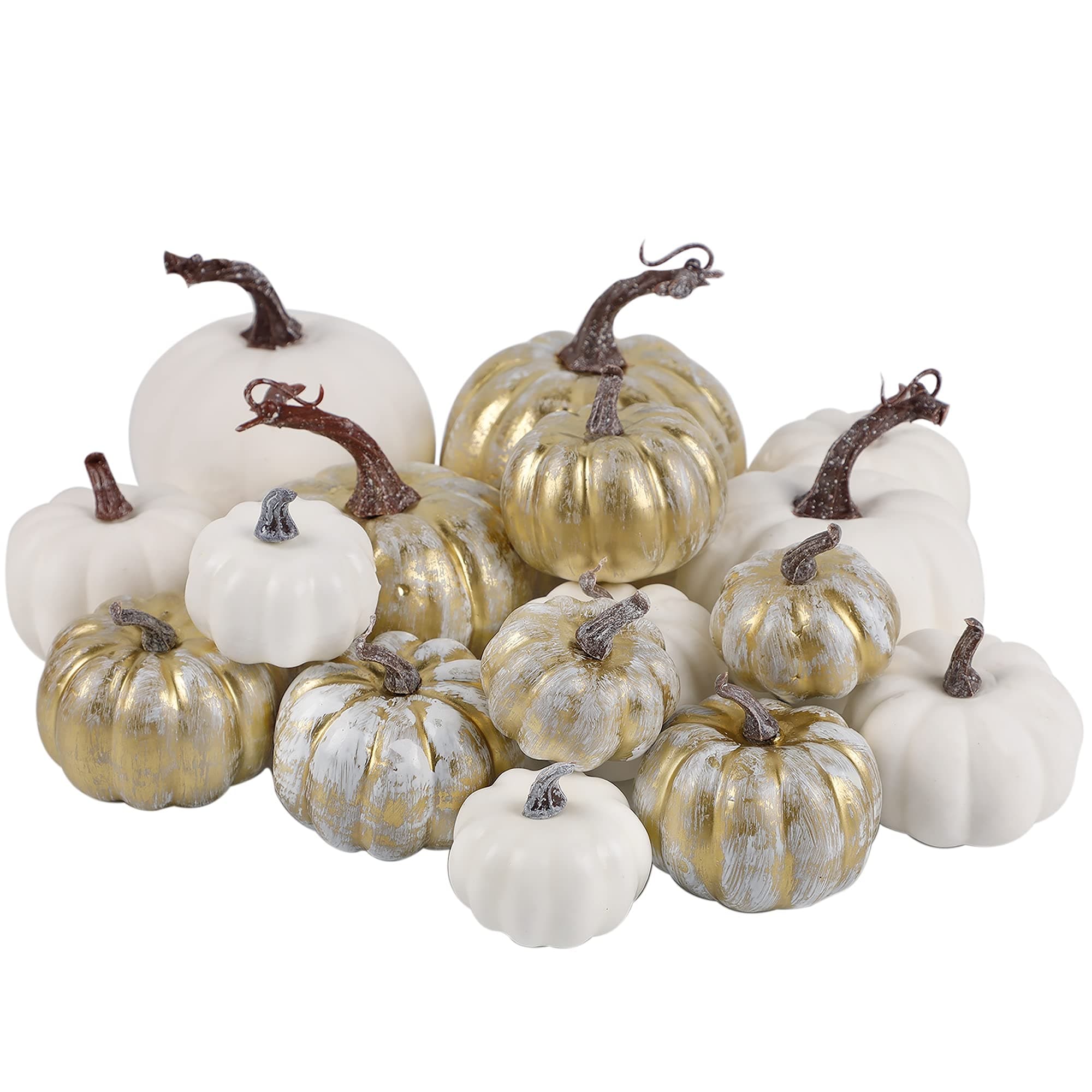 winemana 16 Pcs Golden and White Pumpkins Thanksgiving Pumpkin Decorations Assorted Sizes, Artificial Foam Harvest Autumn Decor, Fake Pumpkins Fall Decorations for Indoor Home Kitchen Table Mantle