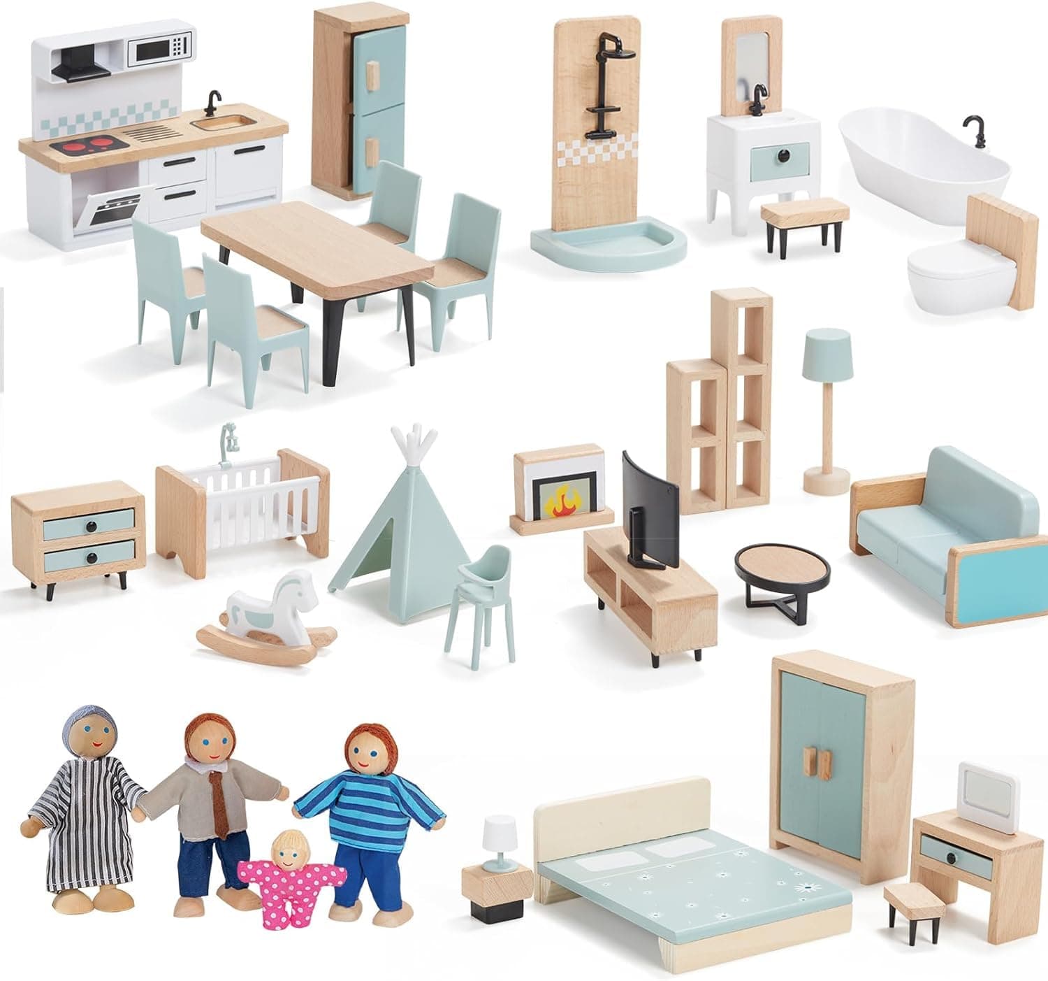 Giant bean 36pcs Wooden Dollhouse Furniture Set with 4 Family Dolls Wood and Plastic, 5 Rooms Blue Dollhouse Accessories Pretend Play Furniture Toys for Boys Girls & Toddlers 3Y+