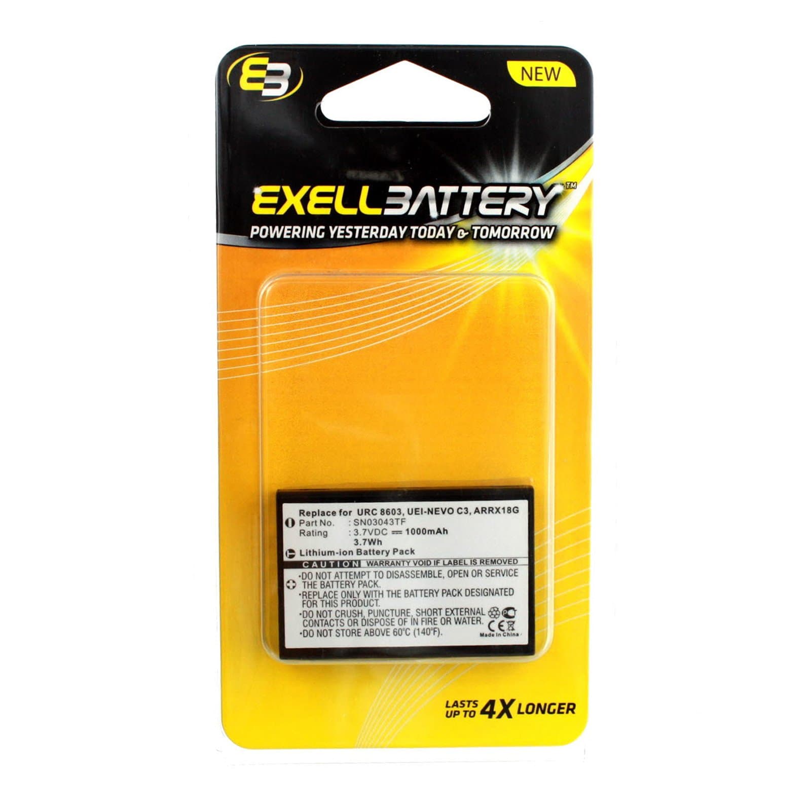 Exell Remote Control Battery 3.7V 1000mAh Li-Ion For Acoustic Research ARRX18G Nevo C3 UEI-NEVO C3 One For All ARRX18G URC 11-8603 URC 8603 Xsight Touch Replaces Neva HK-NP60-850 One For All SN03043TF