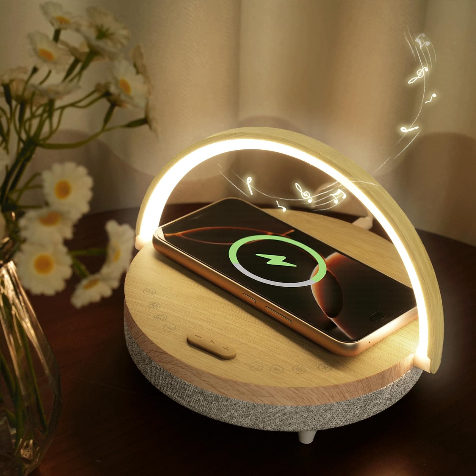 Bedside Table LED Night Light with Wireless Charger and Bluetooth Speaker, Desk Lamp As Sleep Aid White Noise Machine and Phone Holder, Great Birthday Gifts for Girlfriend, Women（Music Upgrade）
