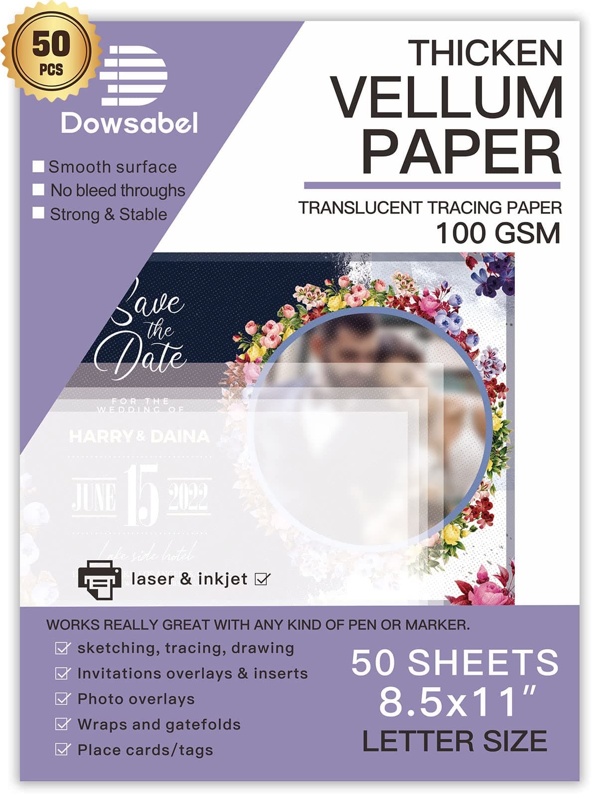 Translucent Vellum Paper, Dowsabel 70 lbs 8.5 x 11 Inch Printable Vellums for Card Overlays, Invitations Belly Bands, Envelope, Lantern, 50 Sheets