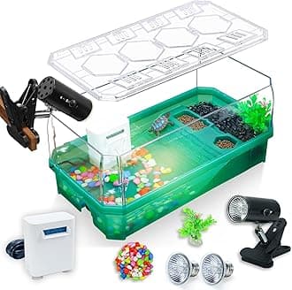 Aquatic Turtle Tank Habitat Kit Stone+Filter+Heat Lamp Enhancing Interaction with 360° Viewing, Standalone Filtration, DIY Creative Zone, Enriched Living (Green, Medium[with Light])