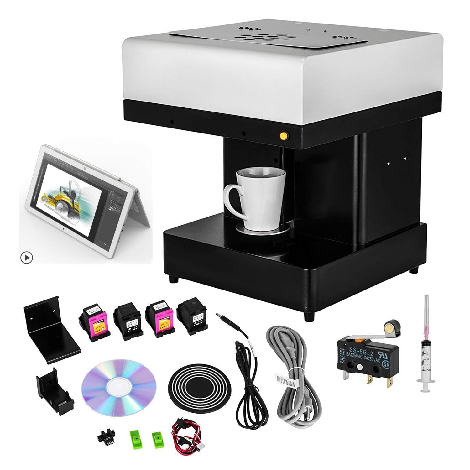 Syoon 1 Cups Latte Cake Selfie Art Printer Full Automatic Edible Ink Flower Coffee Printer (White) (with Tablet)