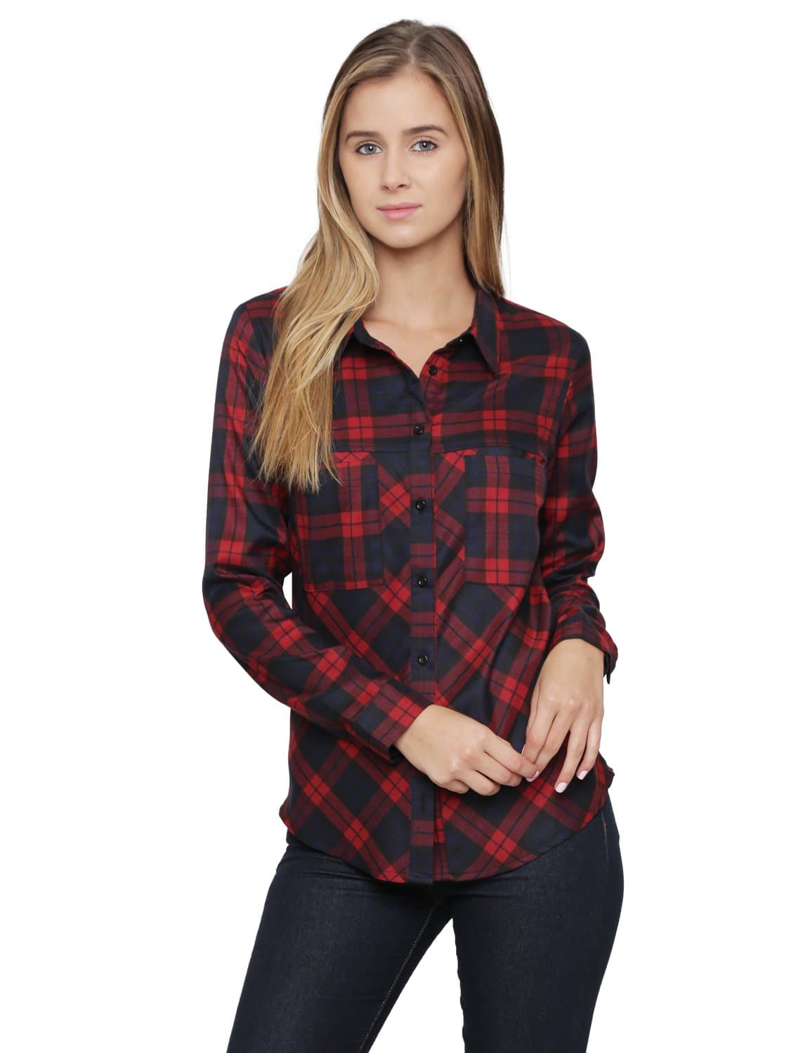 ALYGNE Womens Lightweight Pocket Flannel Shirt RED-S
