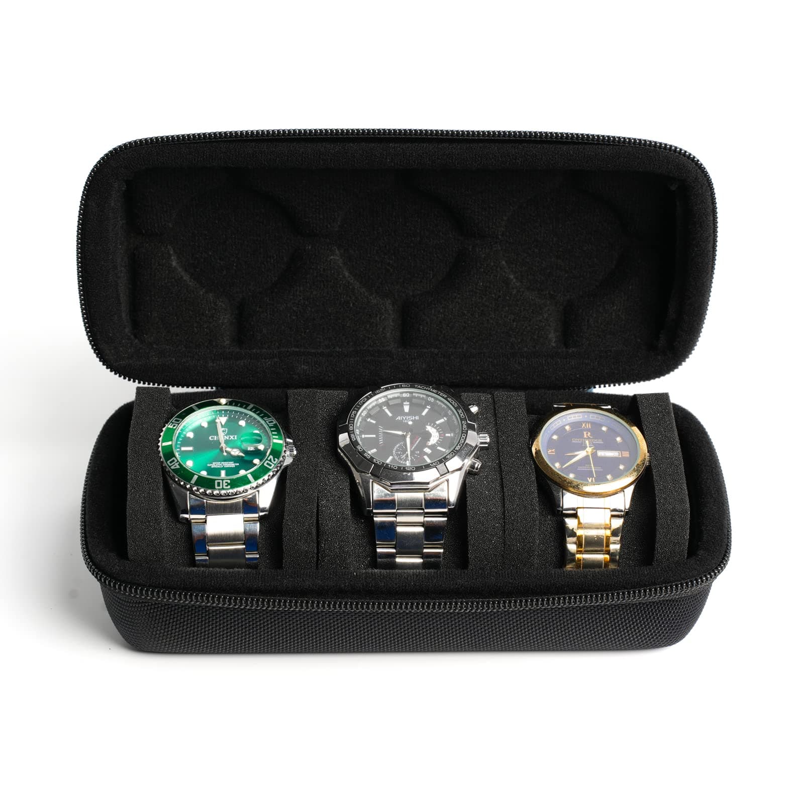 - RIGICASE 3 watch travel case roll, Hard watch carry case roll display storage holder box with soft foam pillows snug fit all size watches up to 60mm face