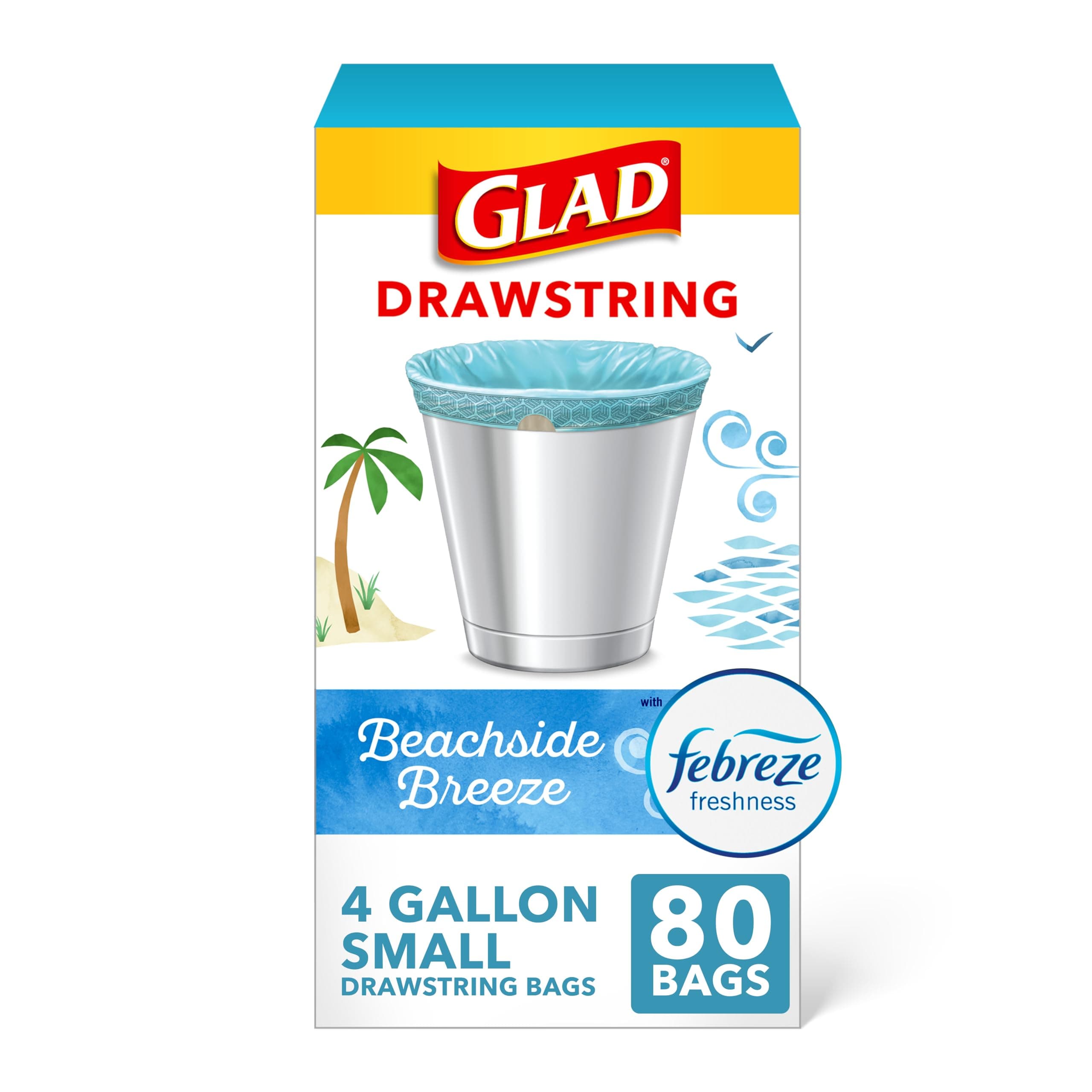 Glad Small Kitchen Drawstring Trash Bags 4 Gallon Blue Trash Bag, Febreze Beachside Breeze, 80 Count (Package May Vary)