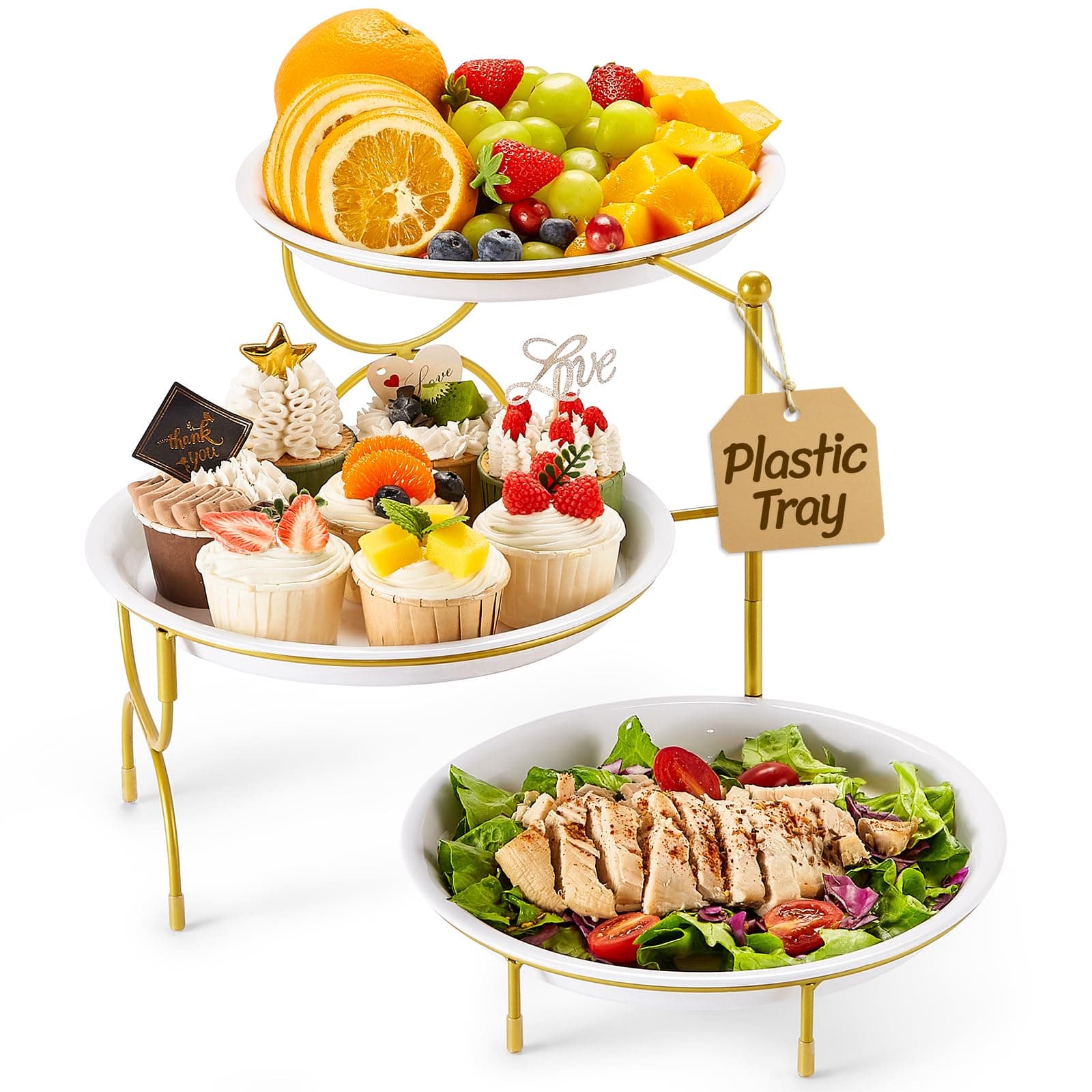 Lifewit Plastic 3 Tier Serving Tray for Party, 25 cm/10" White Reusable Round Serving Platters with Black Collapsible Metal Stand, Decorative Dessert Table Display Set for Veggie, Fruit, Cookies