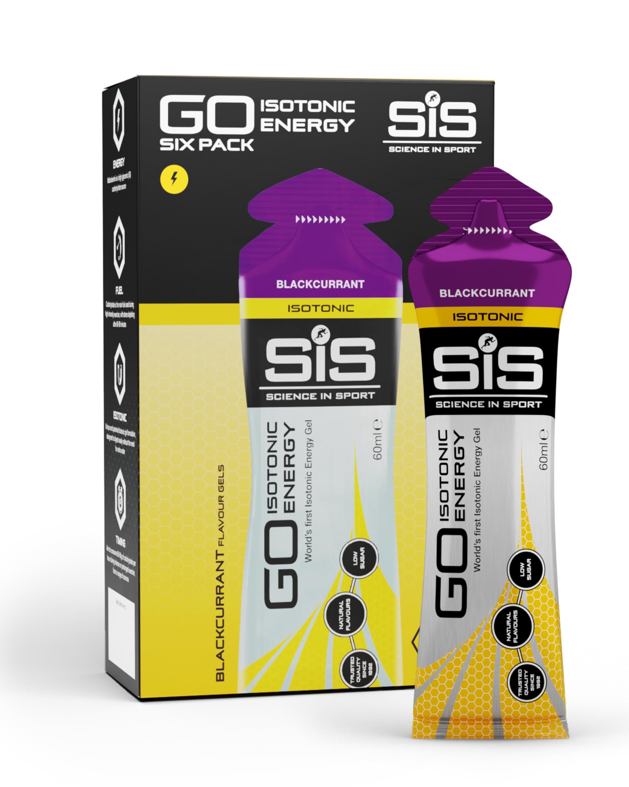 Science In Sport GO Isotonic Energy Gels | 22g Carbohydrates | Low Sugar | Easily Digestible | Gluten Free | No Water Needed | Running Gels | Blackcurrant Flavour | 6 Pack