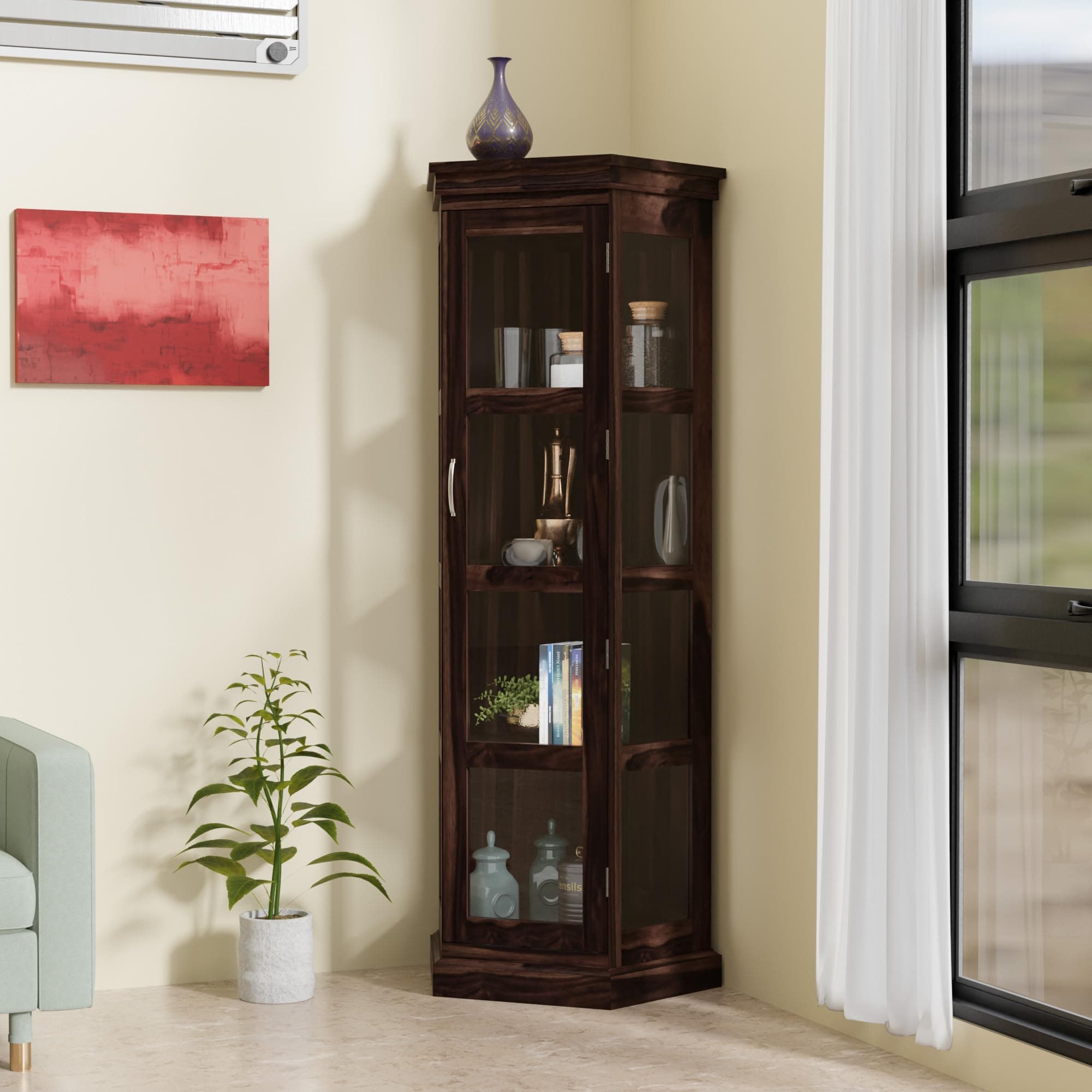 - Sheesham Wood Corner Book Shelf With Acrylic Glass Door | Wooden Sideboard Crockery Cabinet With 4 Shelf Storage | KItchen Display Unit | Bookshelf for Home Library|Bookcases, Walnut