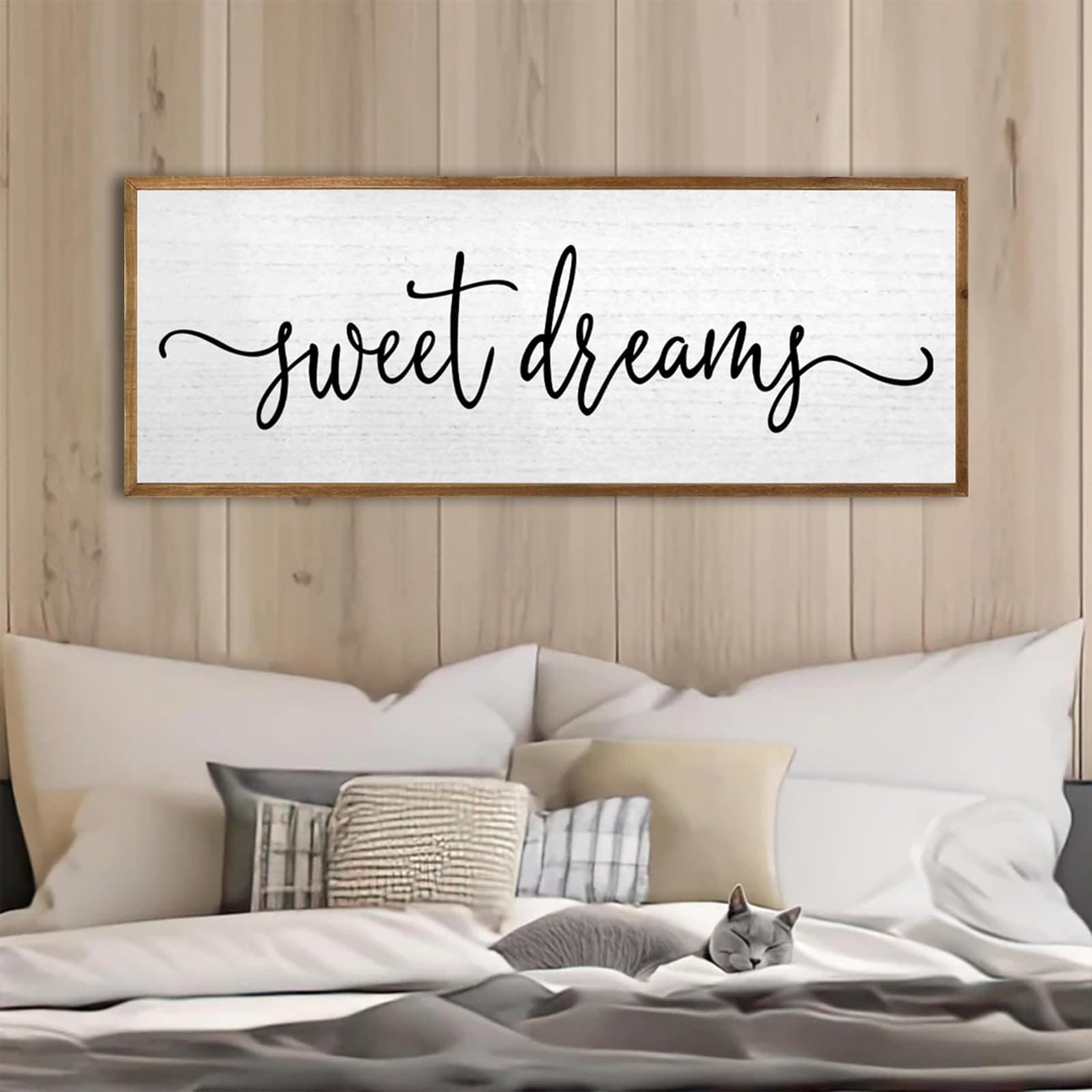 Sweet Dreams Wall Decor Above Bed Sign 24''×10'' Large Wood Framed Master Bedroom Guest Room Sweet Dreams Signs Farmhouse Rustic Wall Art Decoration (Wood)