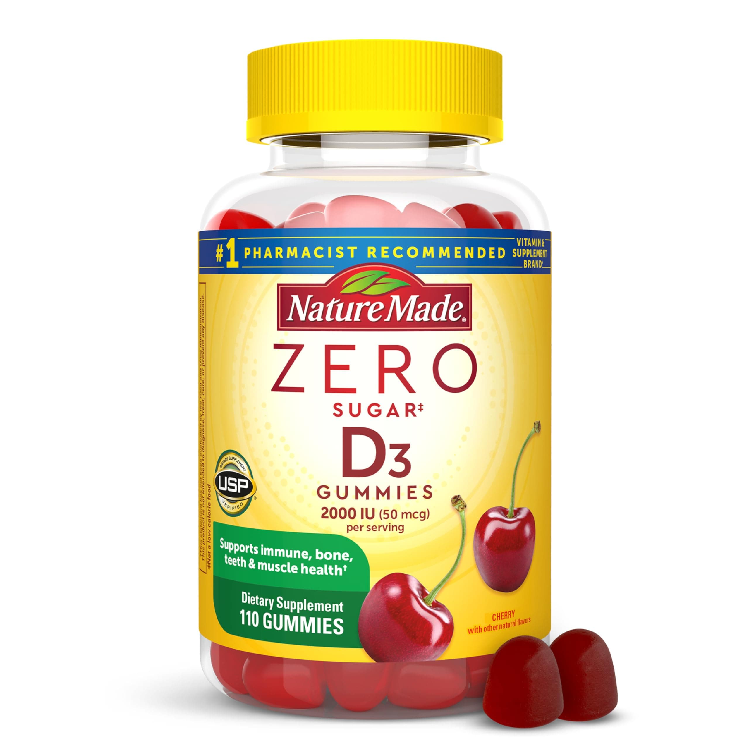 Nature Made Zero Sugar Vitamin D3 Gummies 2000 IU (50 mcg) Per Serving, Bone & Immune Support, Aspartame Free, 110 Vitamin D Gummies, 55 Day Supply