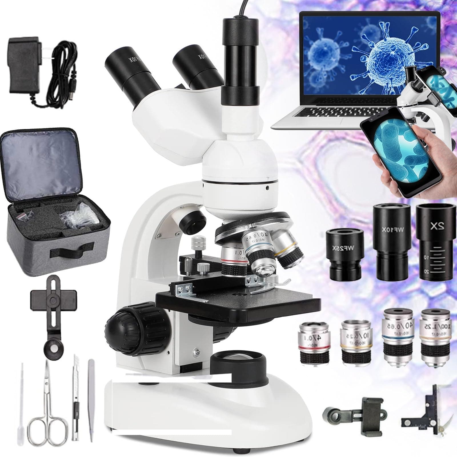 Trinocular Biological Microscope | 40x-5000x Compound Microscope -E-Eyepiece/Objective Lenses(4x,10x,40x, 100x)/Eyepieces(10x,25x,2x)/Storage Bag-For School Lab,White