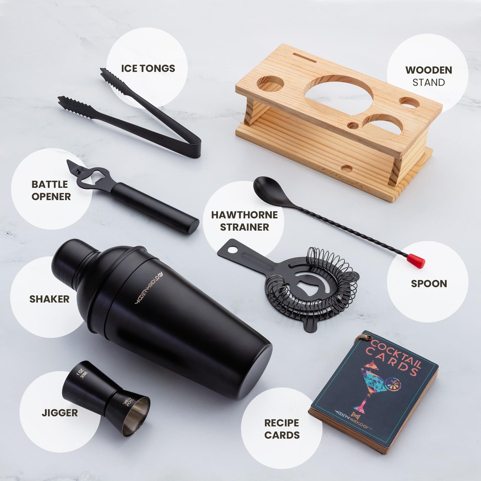 Modern Mixology Bartender Kit - 8-Piece Black Matte Cocktail Shaker Set with Pine Wood Stand, Recipe Cards, and Bar Accessories Ideas