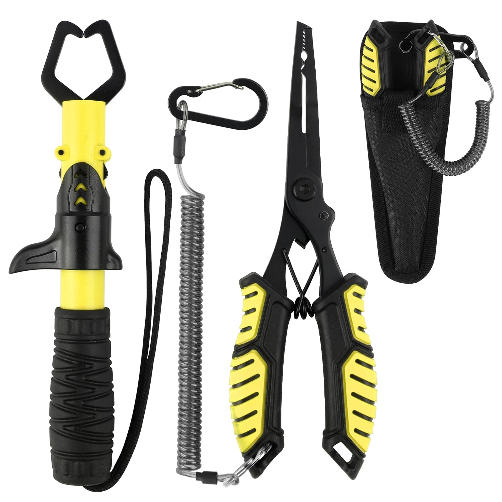 mouhike Fishing Pliers, Fish Lip Gripper Fishing Tools Kit Muti-Function Saltwater Fishing Line Cutter Hook Remover with Sheath Lanyard, Fly Ice Fishing Gear Fishing Gifts for Men Women